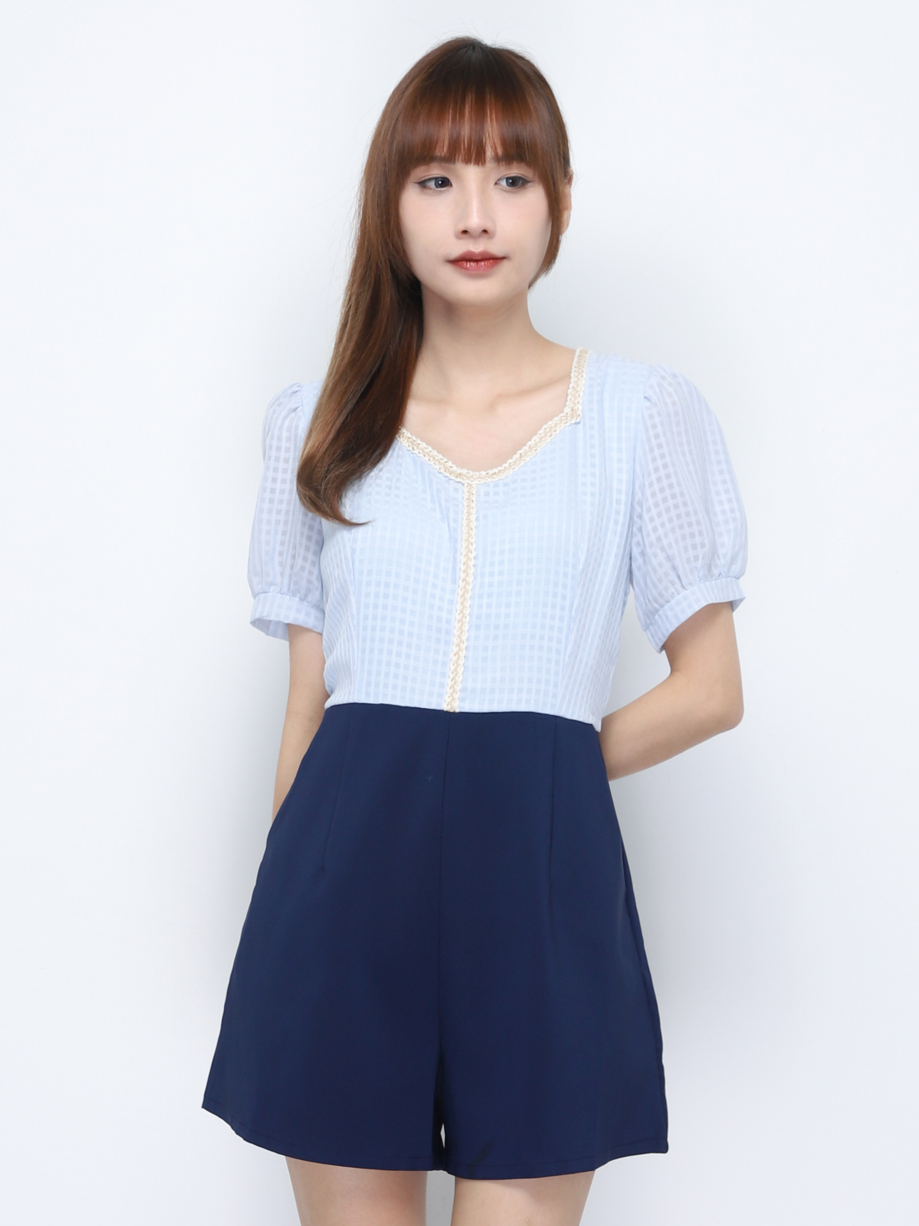 Two Tone V Neck Puff Sleeve Jumpsuit 20285