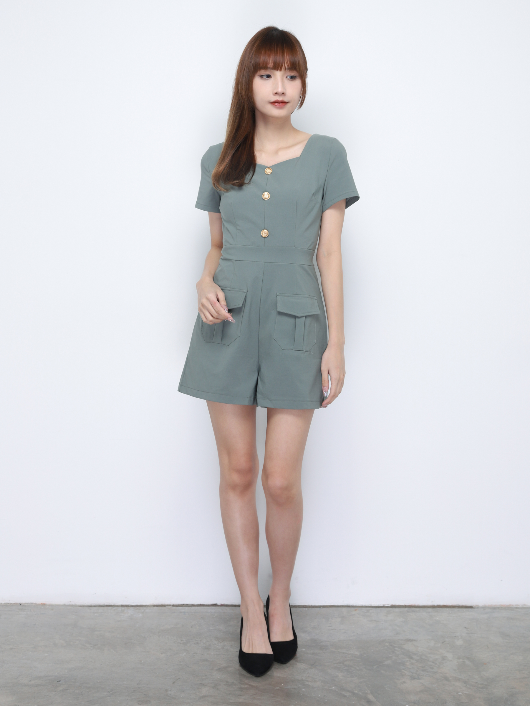 Square Neck Decorative Front Button And Pocket Jumpsuit 20254