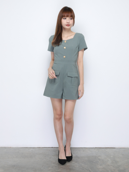 Square Neck Decorative Front Button And Pocket Jumpsuit 20254