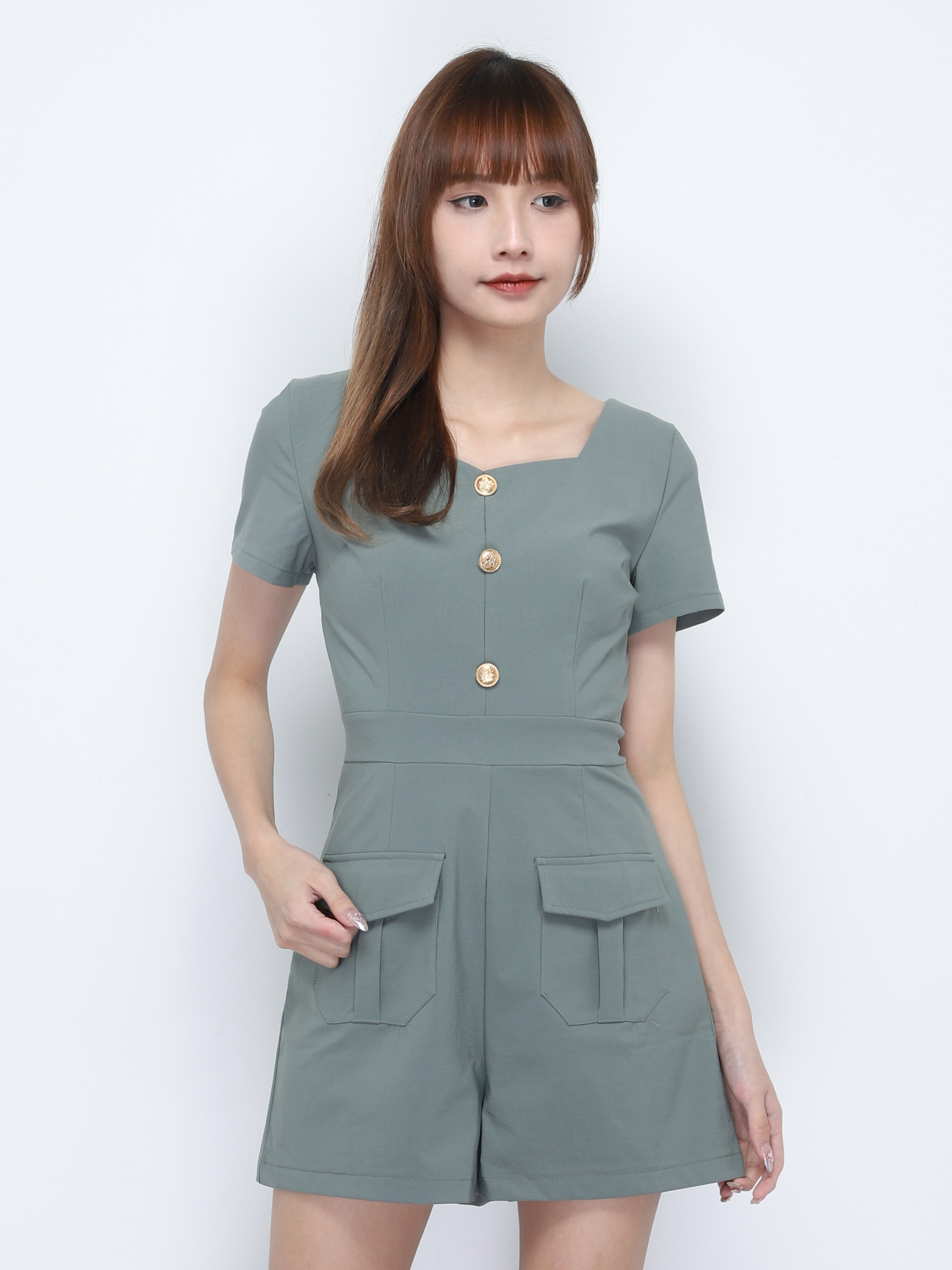 Square Neck Decorative Front Button And Pocket Jumpsuit 20254