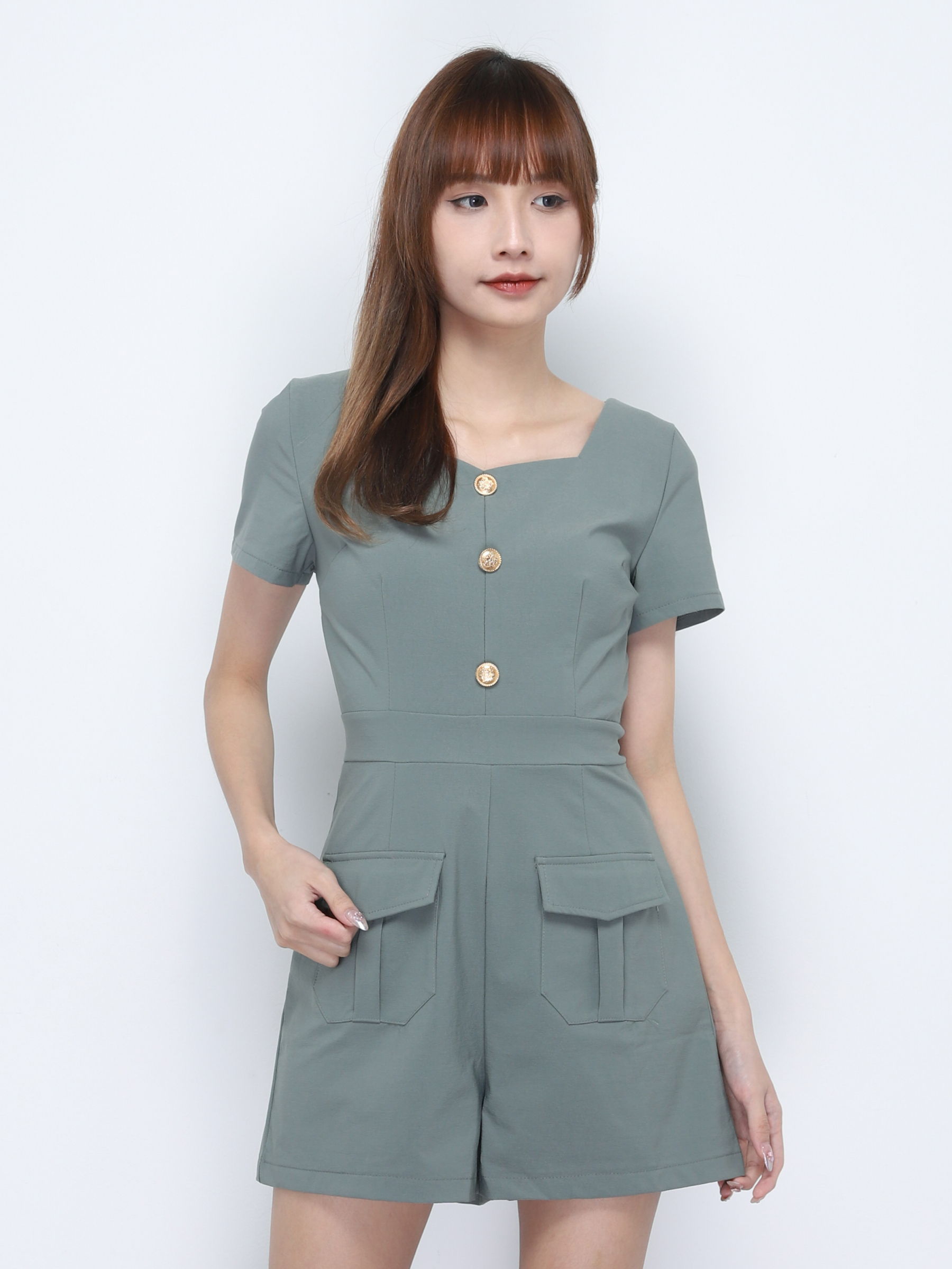 Square Neck Decorative Front Button And Pocket Jumpsuit 20254