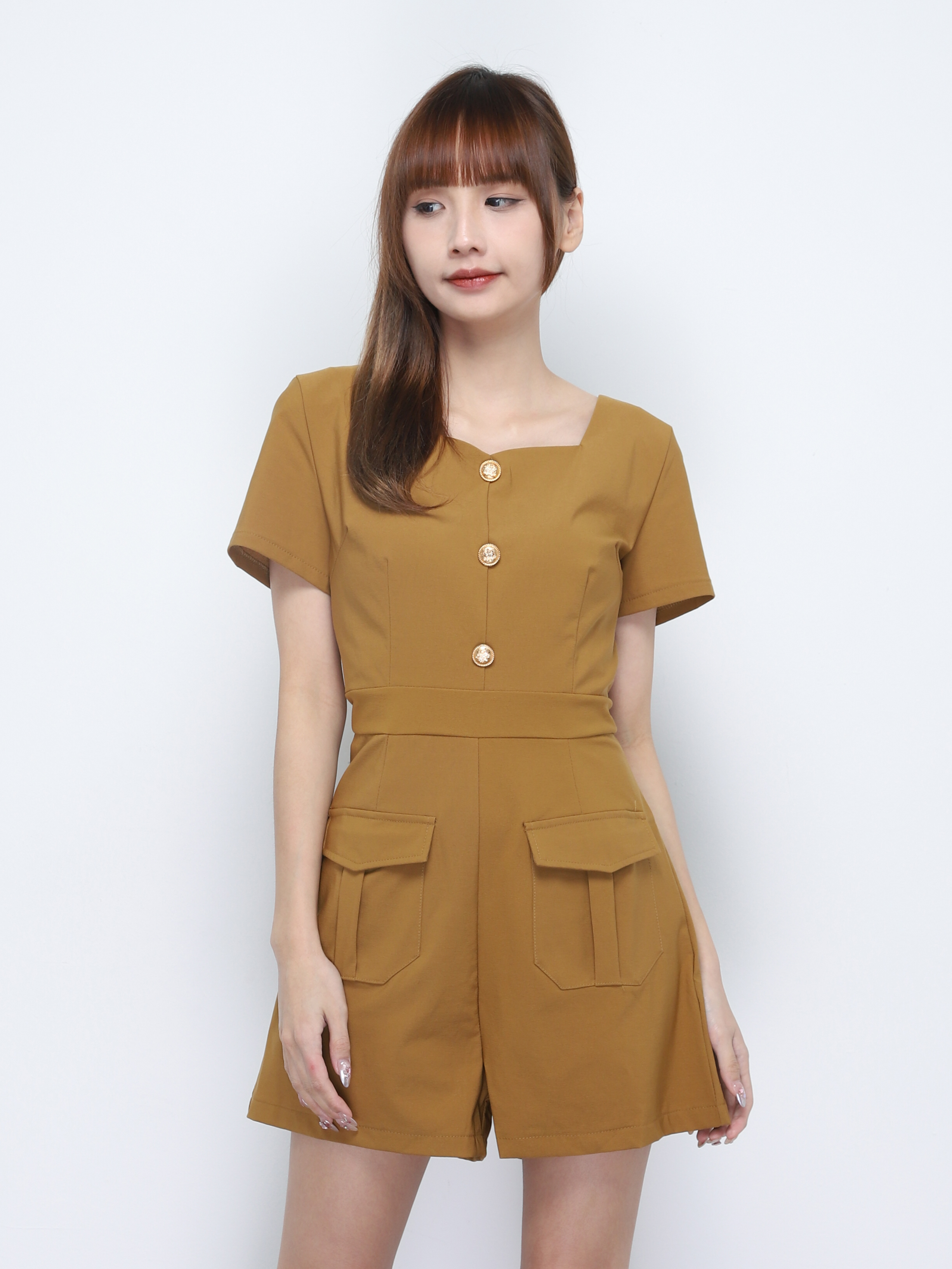 Square Neck Decorative Front Button And Pocket Jumpsuit 20254