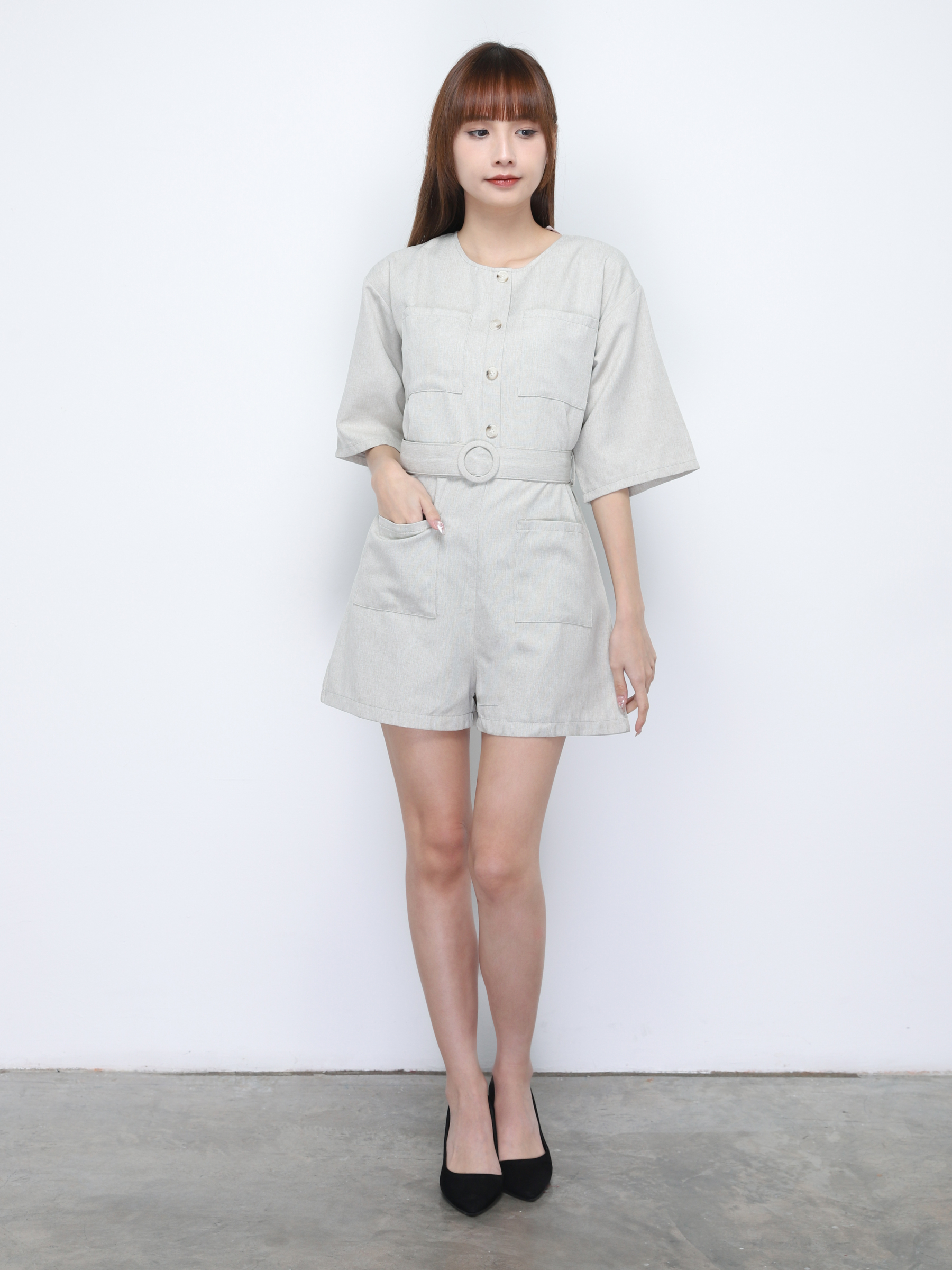 Front Button And Pocket With Belt Jumpsuit 20317