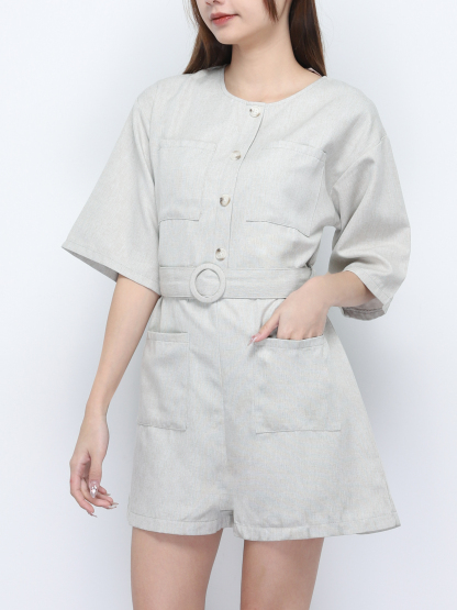 Front Button And Pocket With Belt Jumpsuit 20317