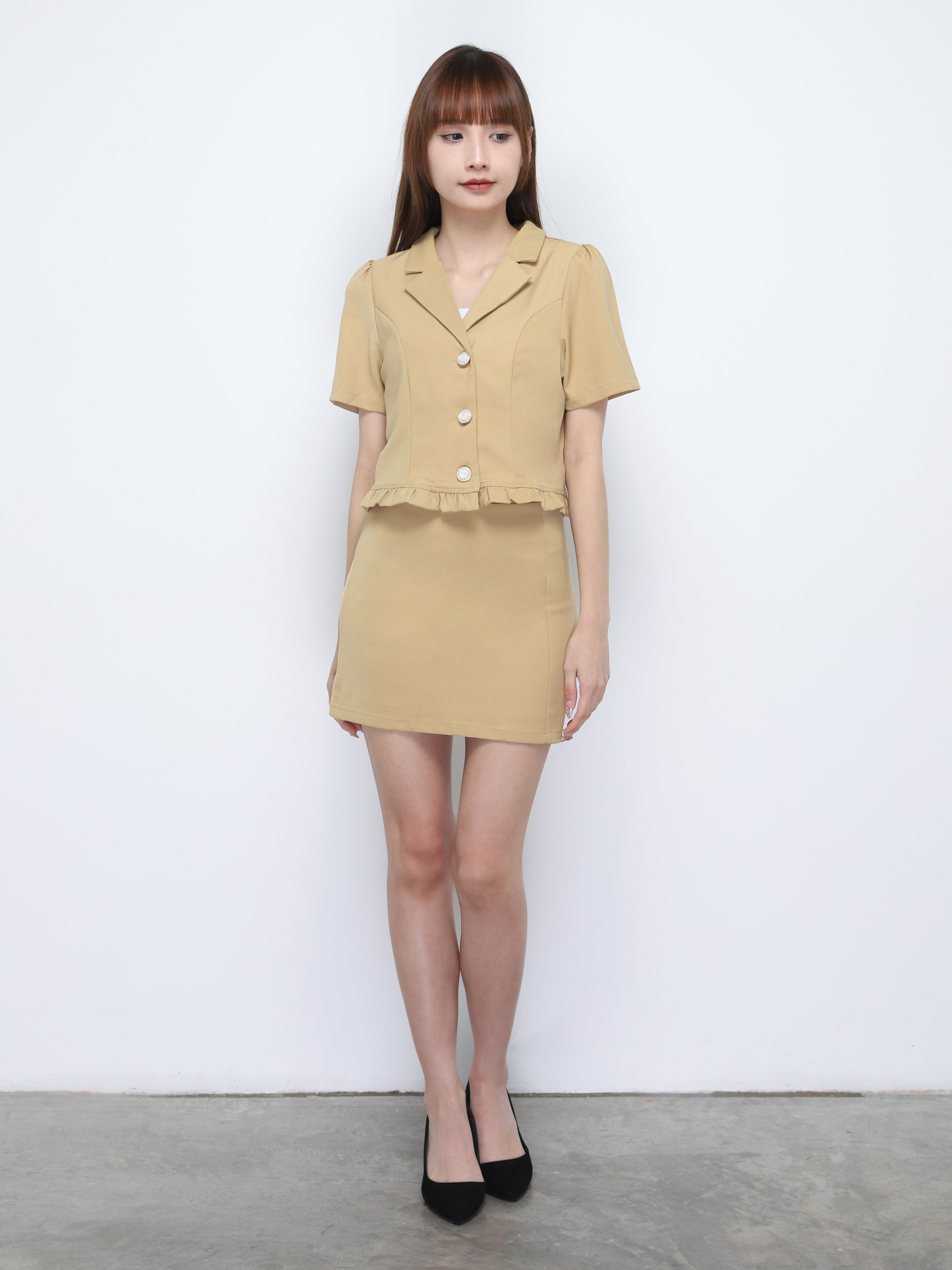 Notched Neck Front Button With Skirt Set 20231