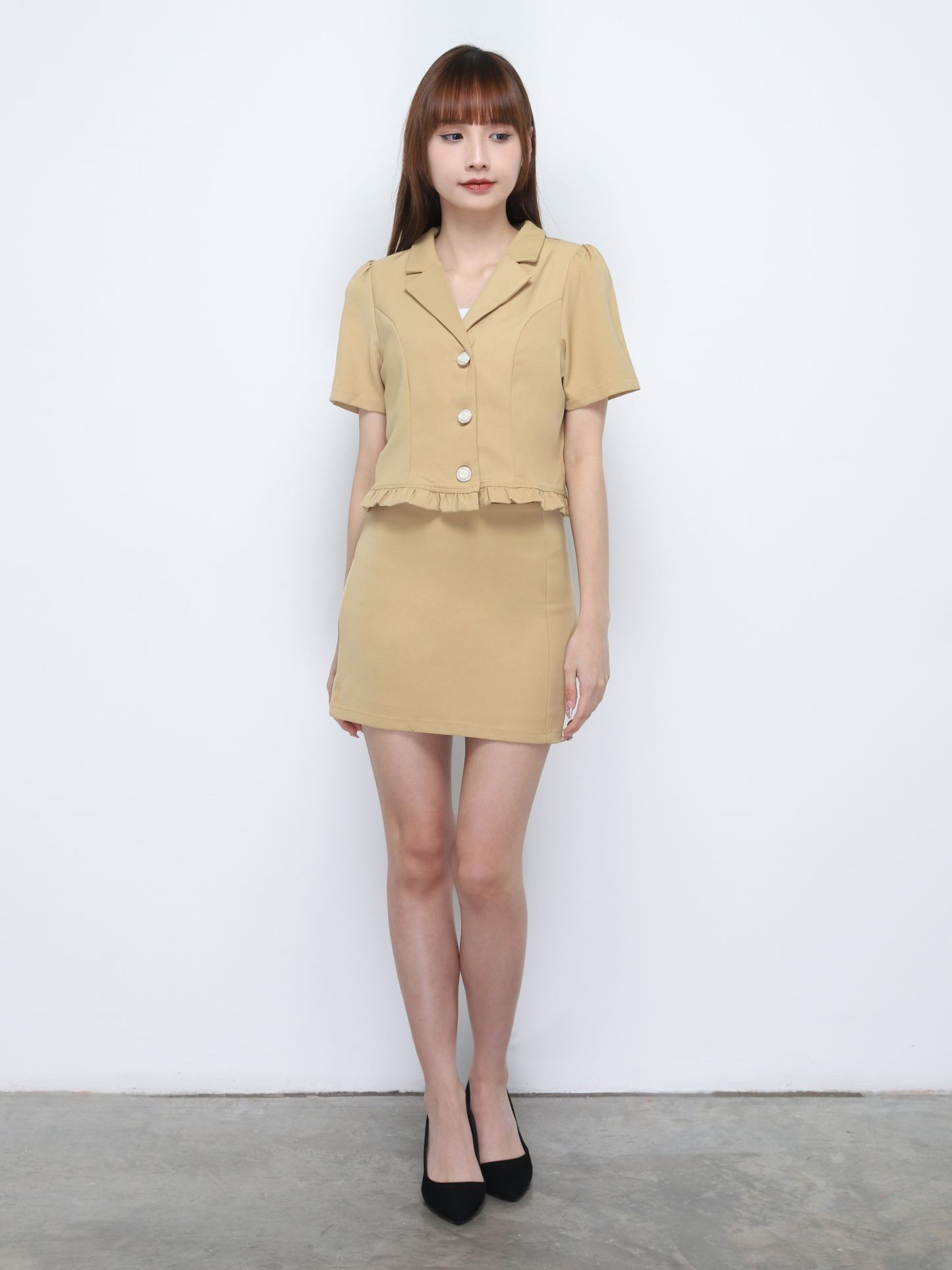 Notched Neck Front Button With Skirt Set 20231