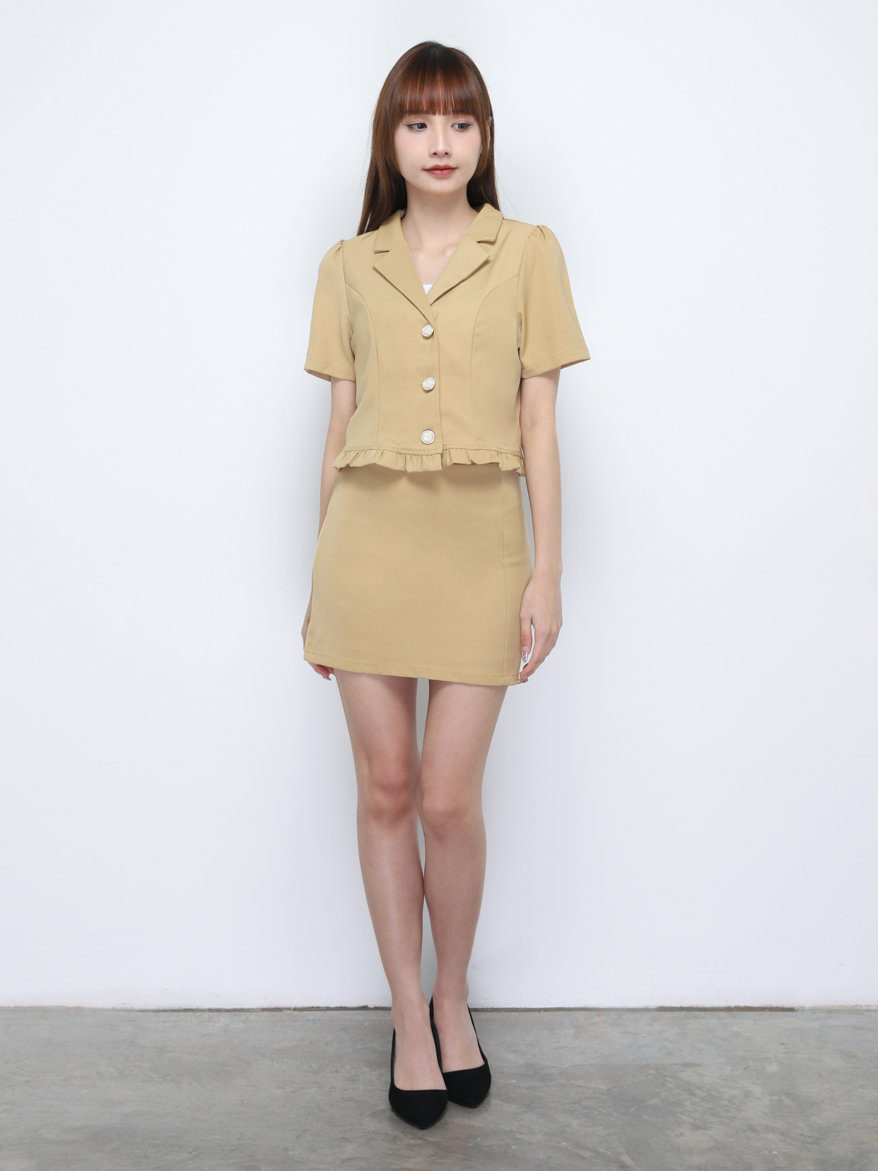 Notched Neck Front Button With Skirt Set 20231