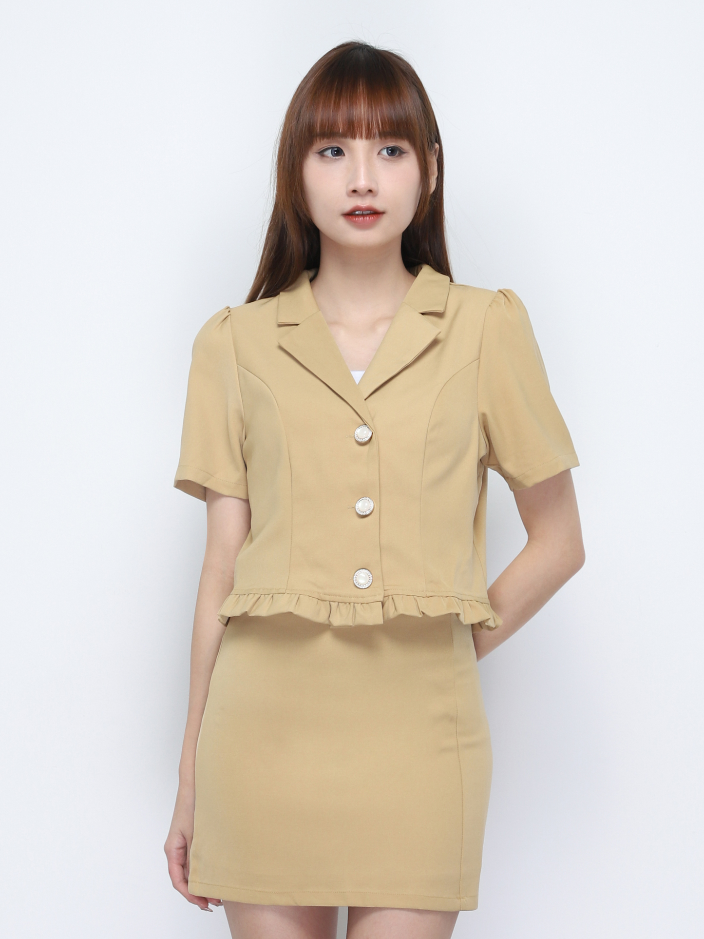 Notched Neck Front Button With Skirt Set 20231