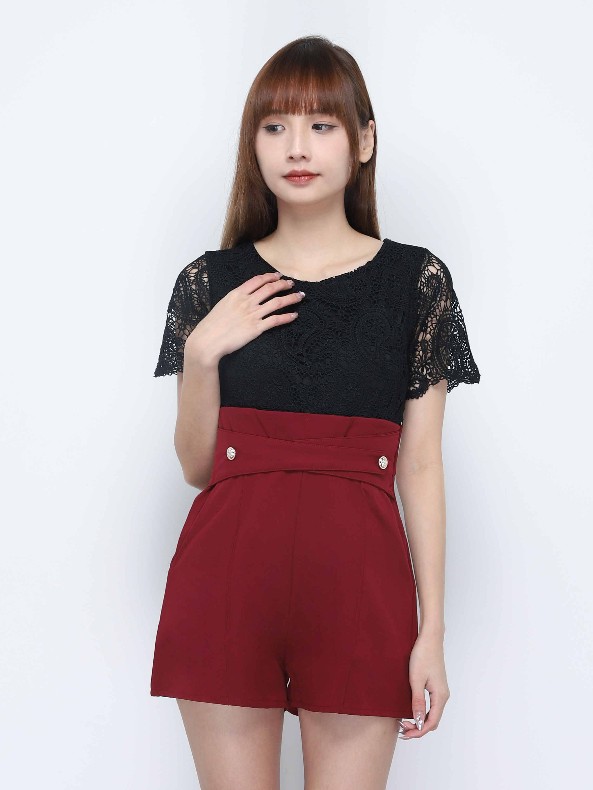 Two Tone Lace With Waist Decorative Belt Jumpsuit 20344