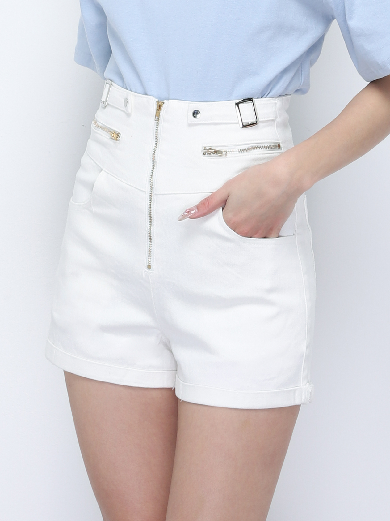 Denim High Waist Front Zip Short Pants 20370