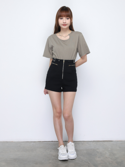 Denim High Waist Front Zip Short Pants 20370