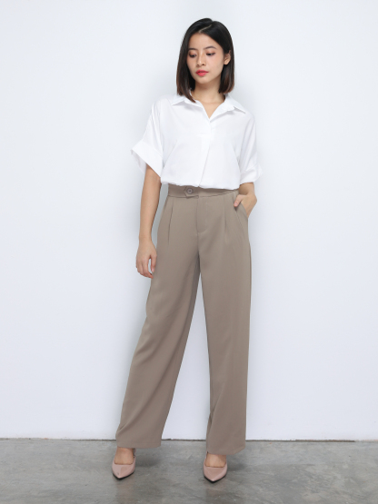 High Waist Front Button Pleated Long Pant 34731