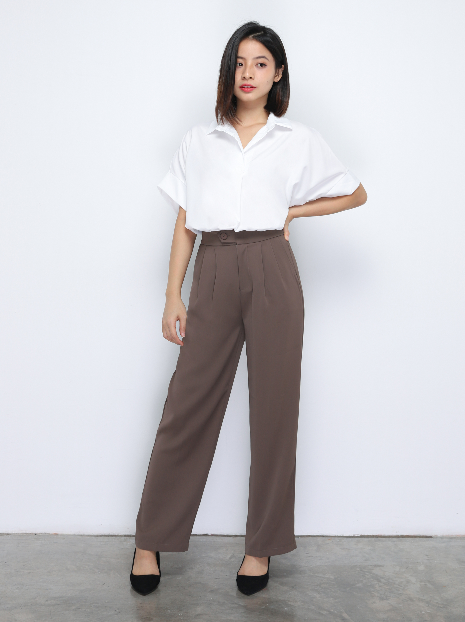 High Waist Front Button Pleated Long Pant 34731