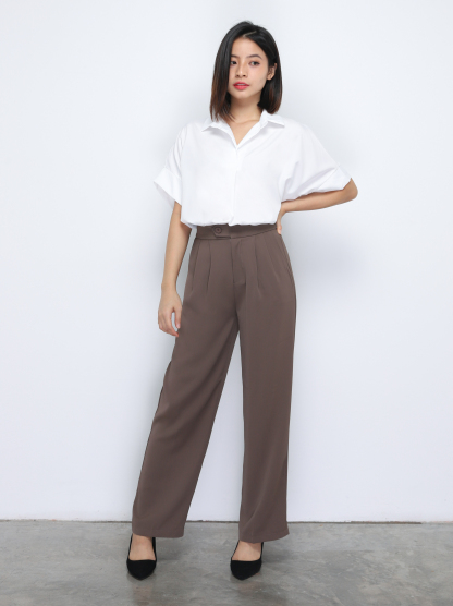 High Waist Front Button Pleated Long Pant 34731