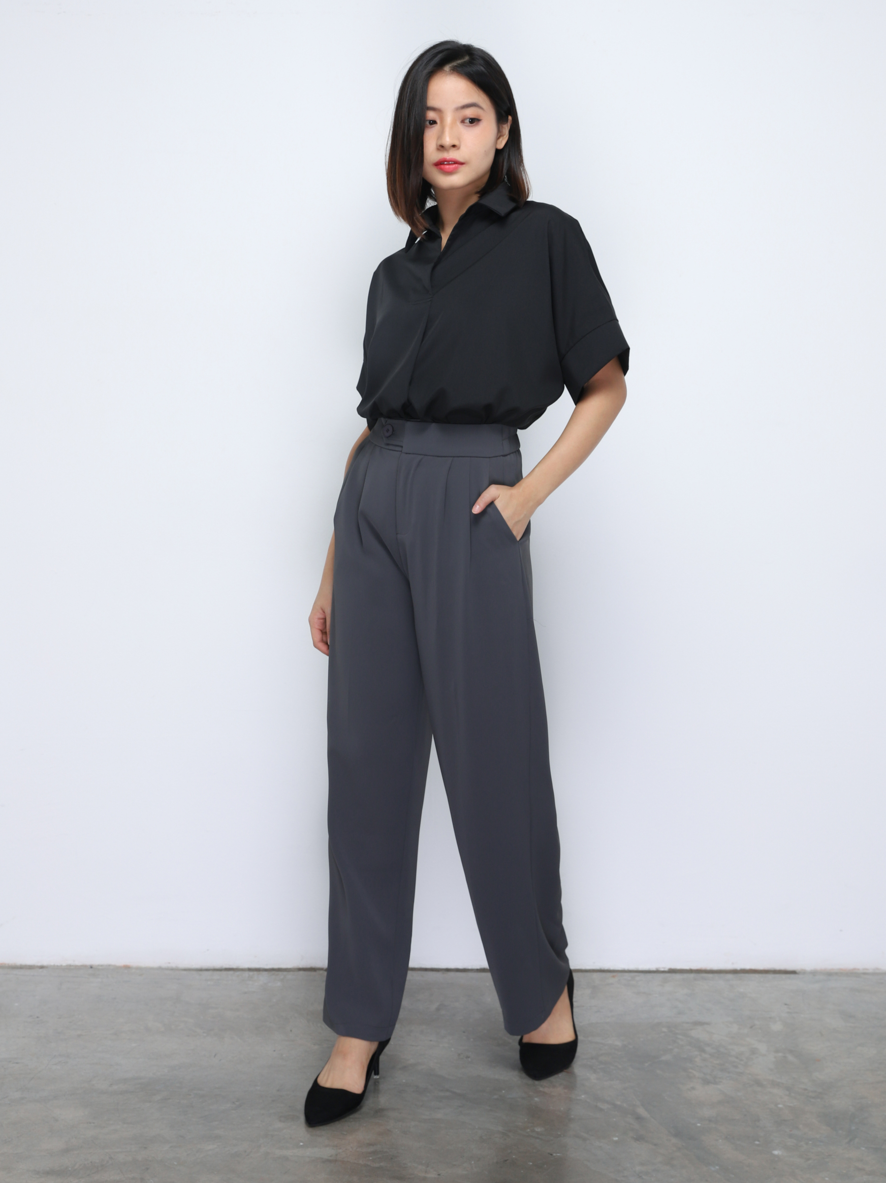 High Waist Front Button Pleated Long Pant 34731