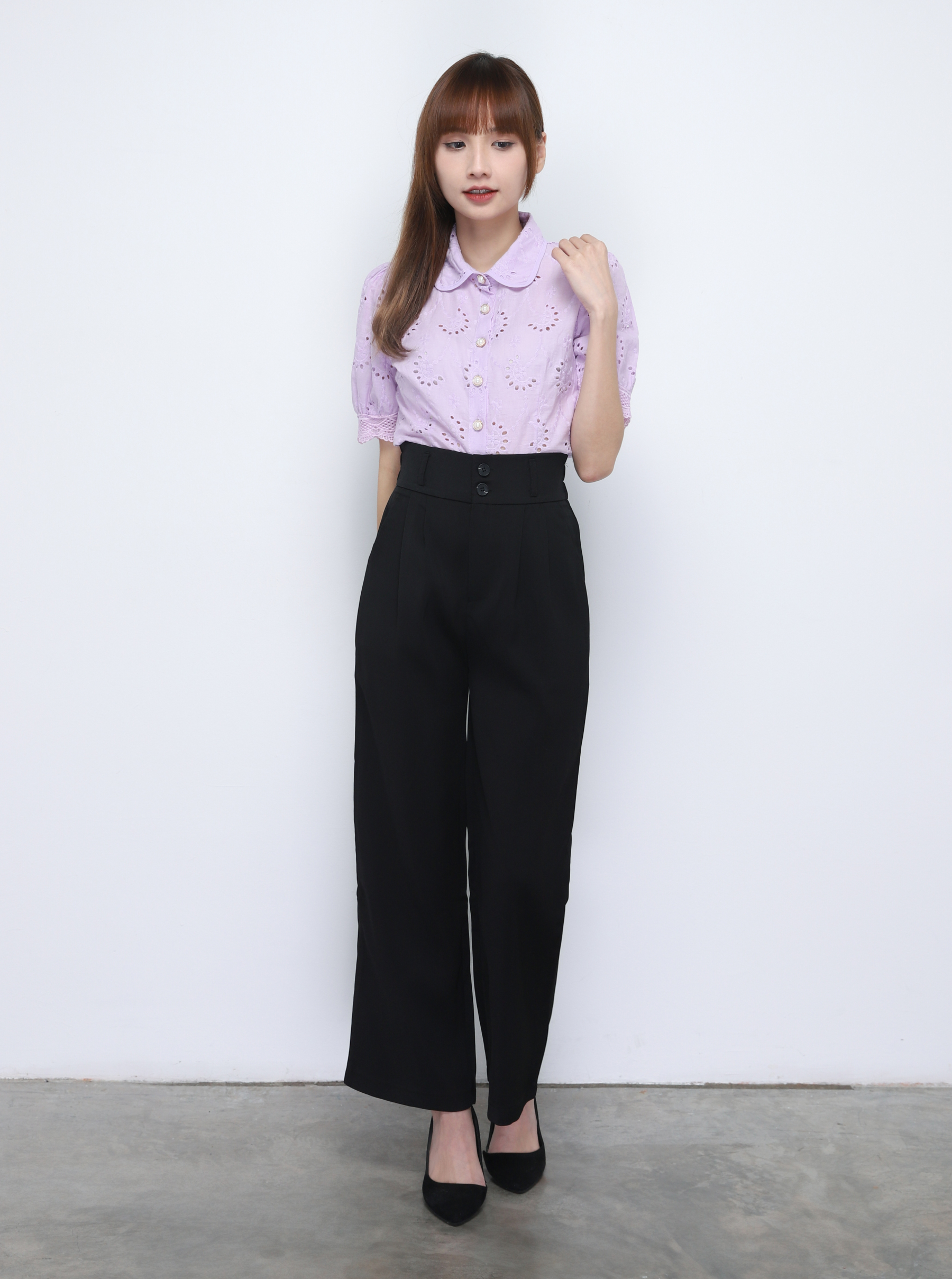 Collar Front Button Eyelet Top 20366