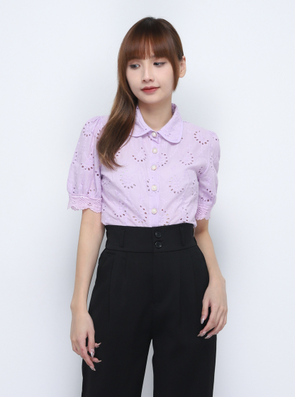 Collar Front Button Eyelet Top 20366