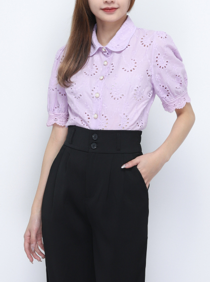 Collar Front Button Eyelet Top 20366