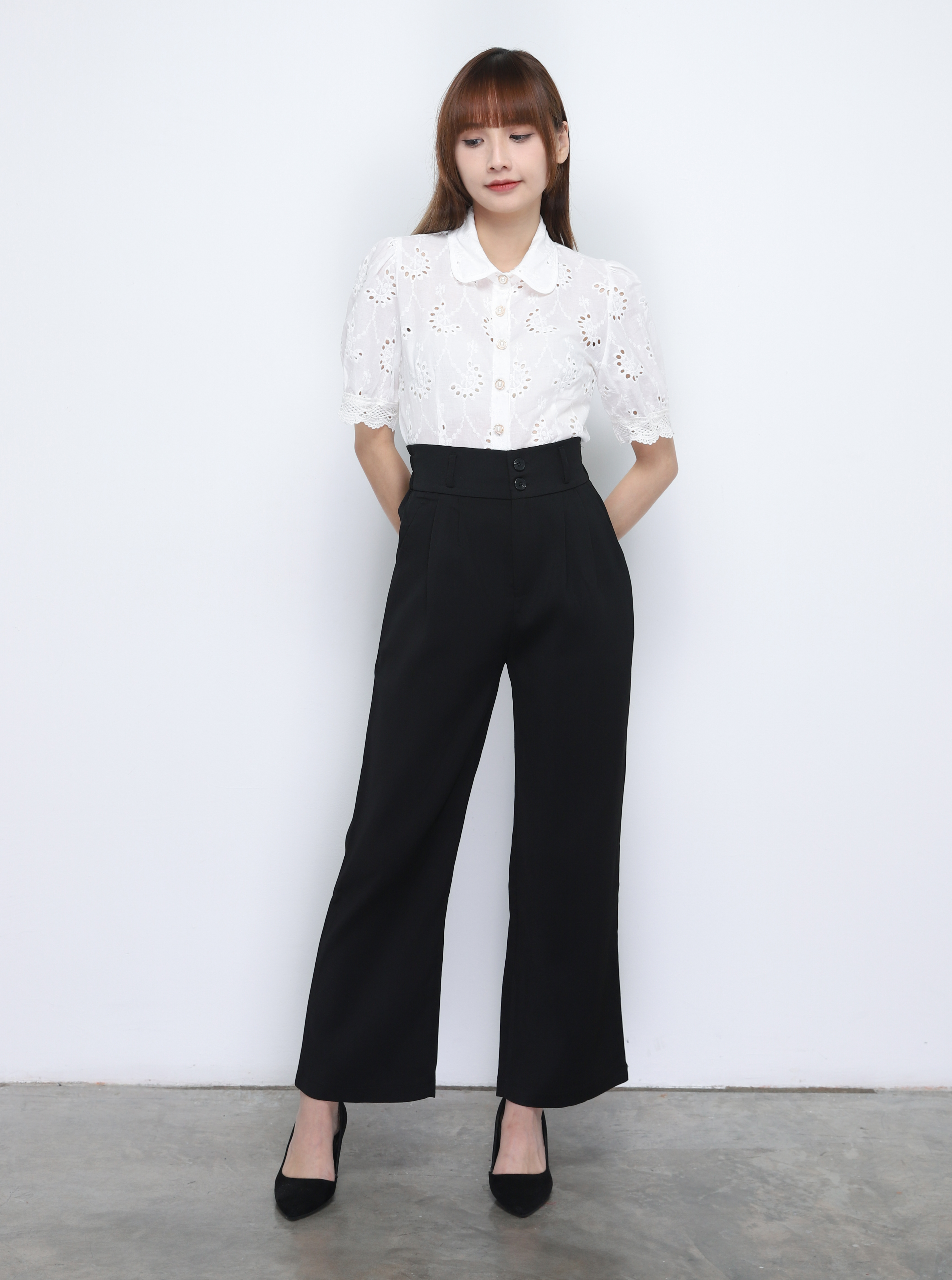 Collar Front Button Eyelet Top 20366