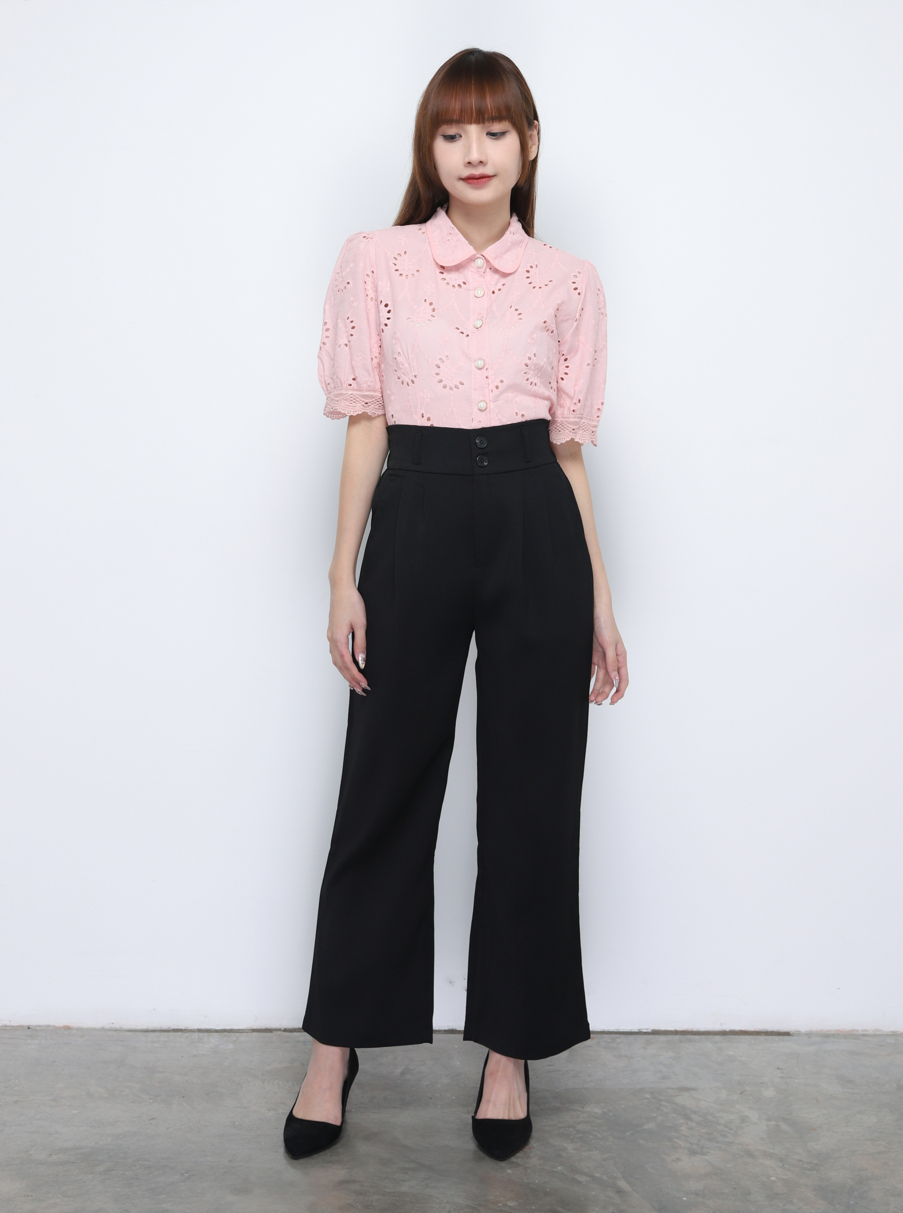 Collar Front Button Eyelet Top 20366