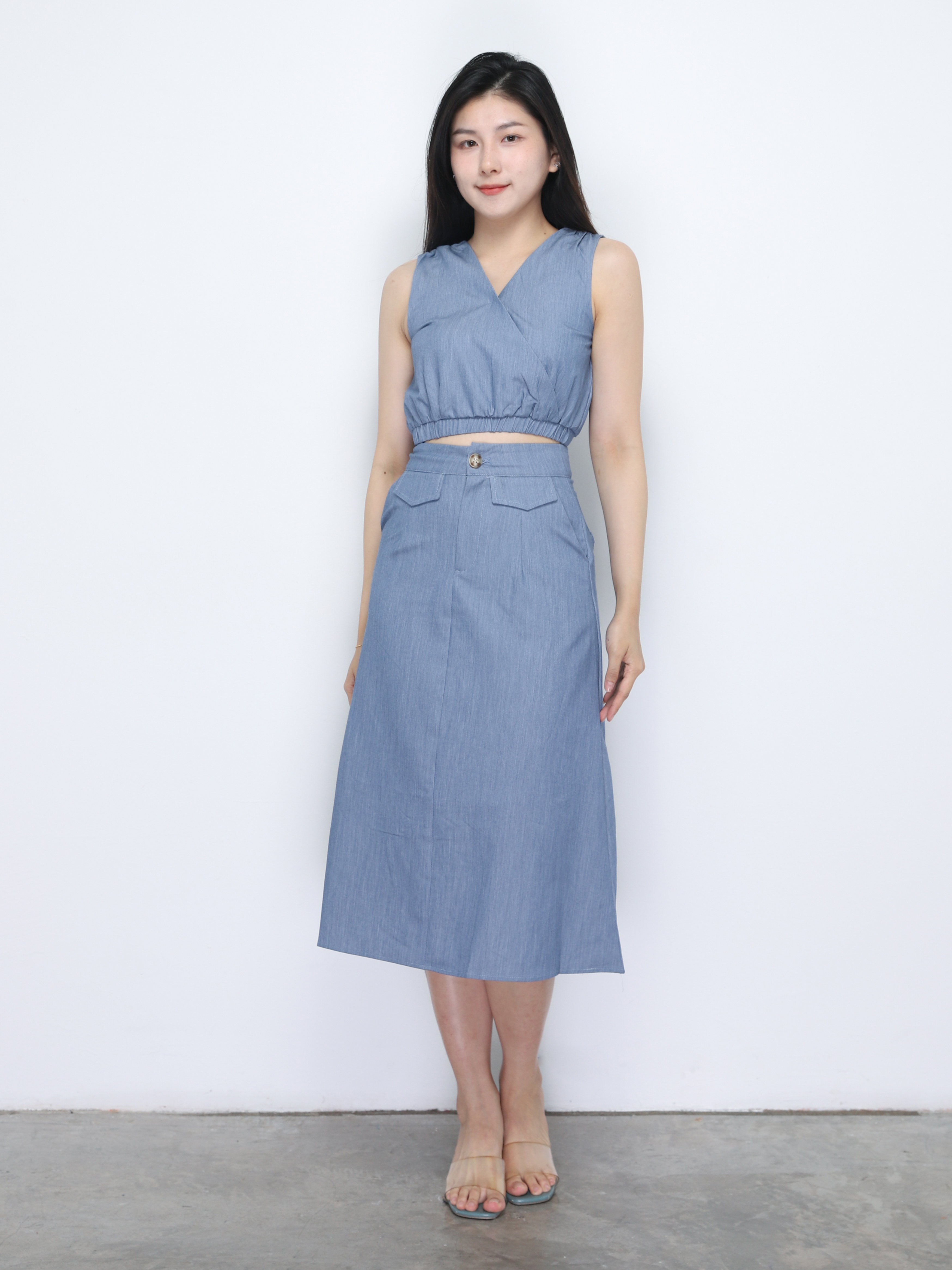 Sleeveless V Neck Top With Long Skirt Set 34807