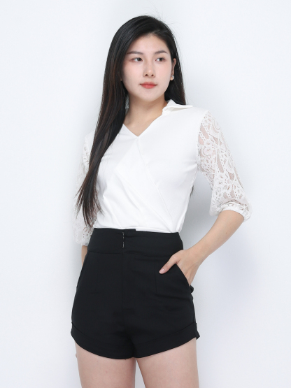 Long Sleeve V Neck Pleated Top 34788