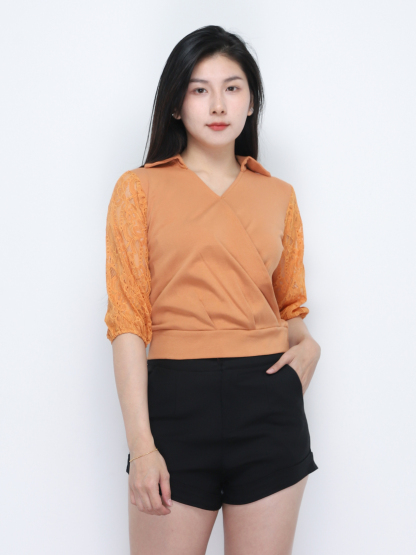 Long Sleeve V Neck Pleated Top 34788