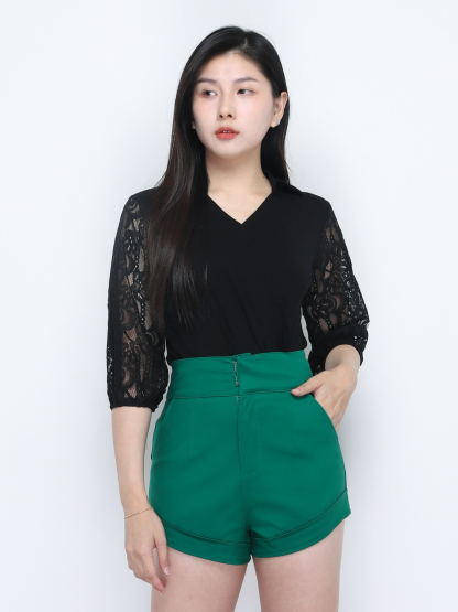 Long Sleeve V Neck Pleated Top 34788