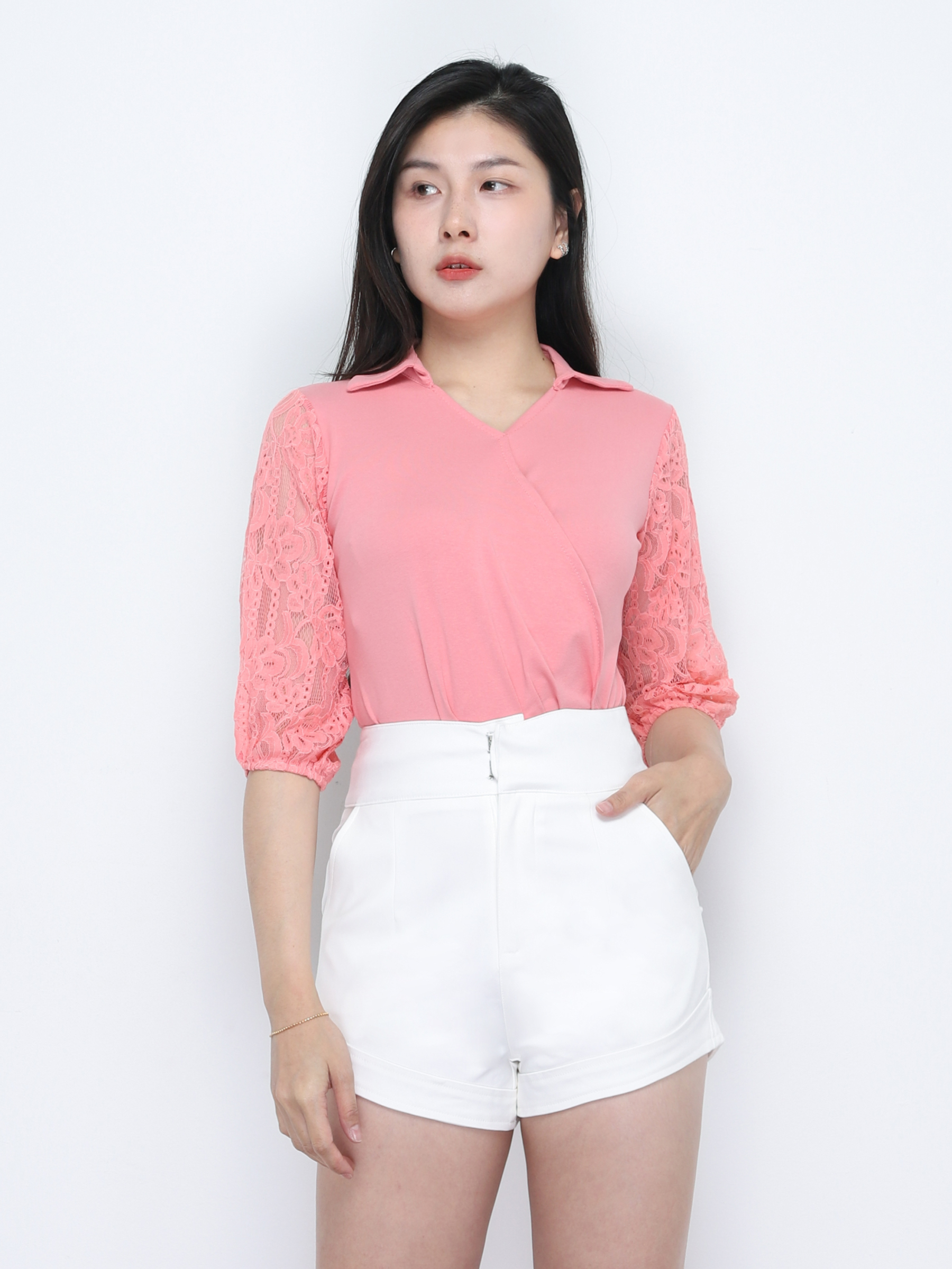 Long Sleeve V Neck Pleated Top 34788