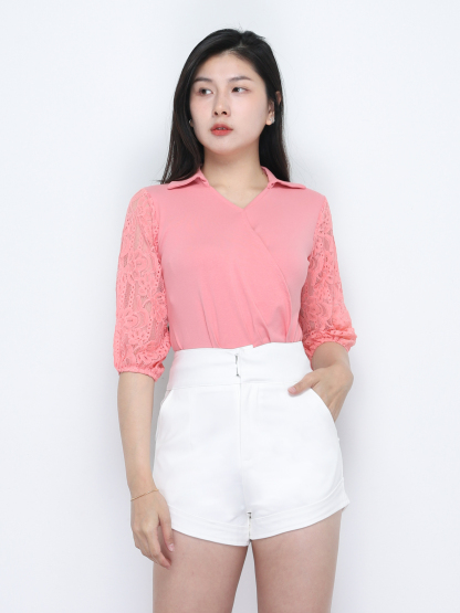 Long Sleeve V Neck Pleated Top 34788