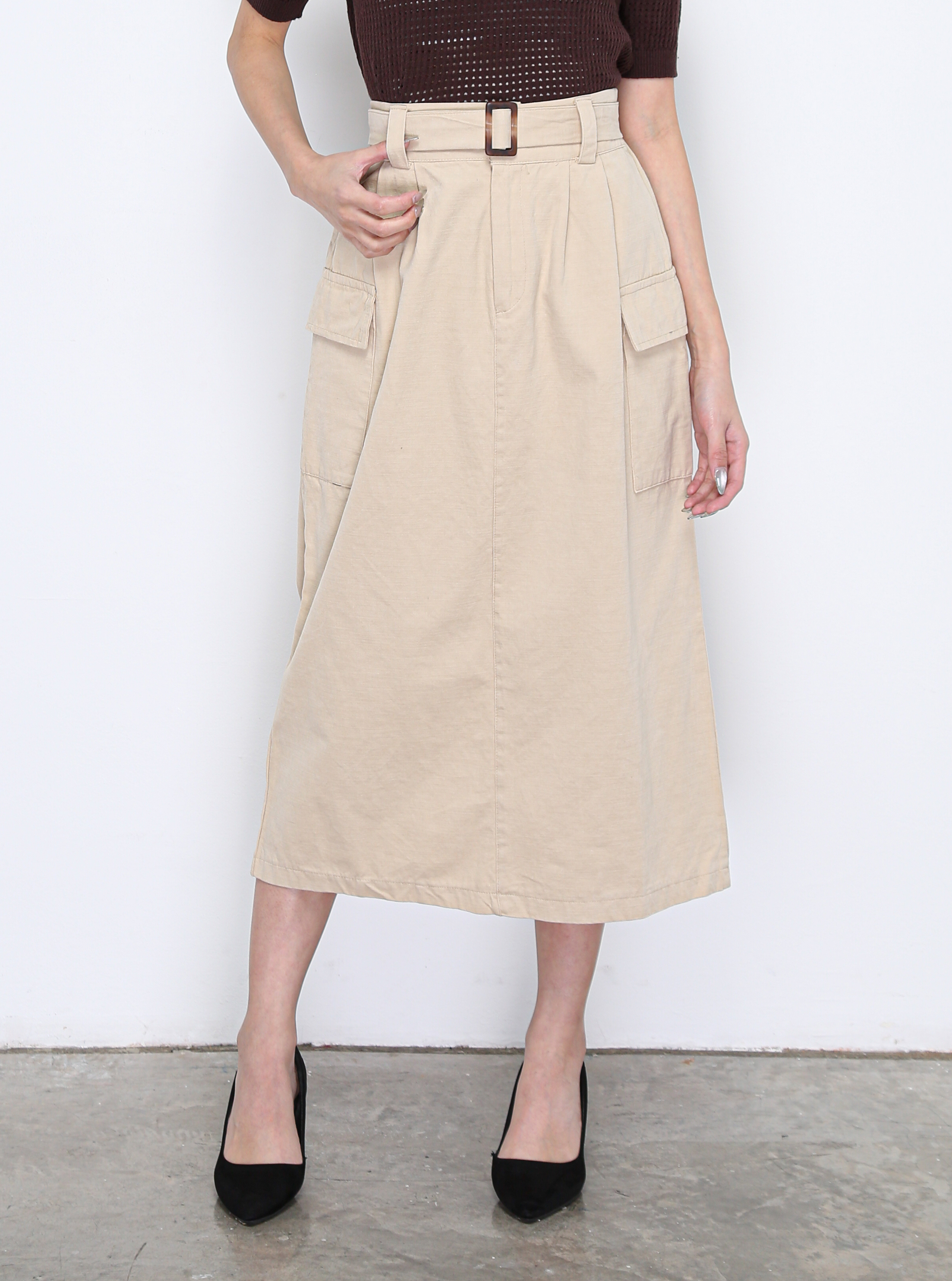 High Waist Side Pocket Long Skirt With Belt 15955