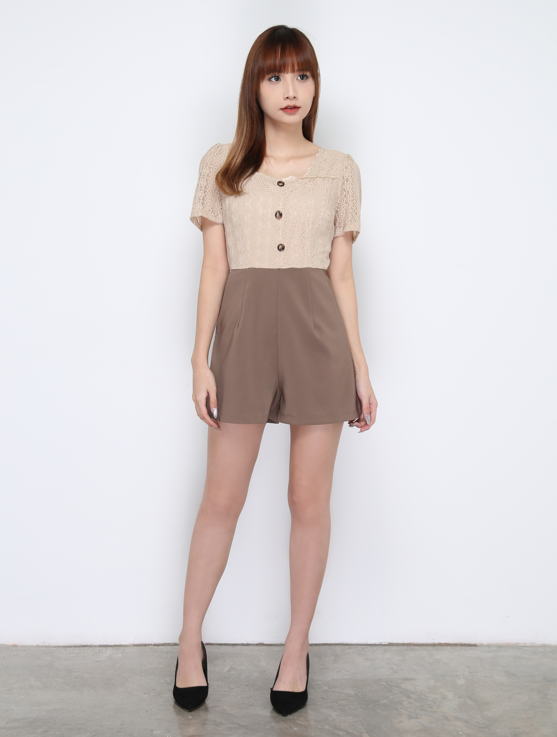 Square Neck Lace With Front Decorative Jumpsuit 15668