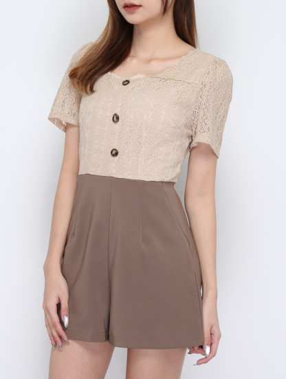 Square Neck Lace With Front Decorative Jumpsuit 15668