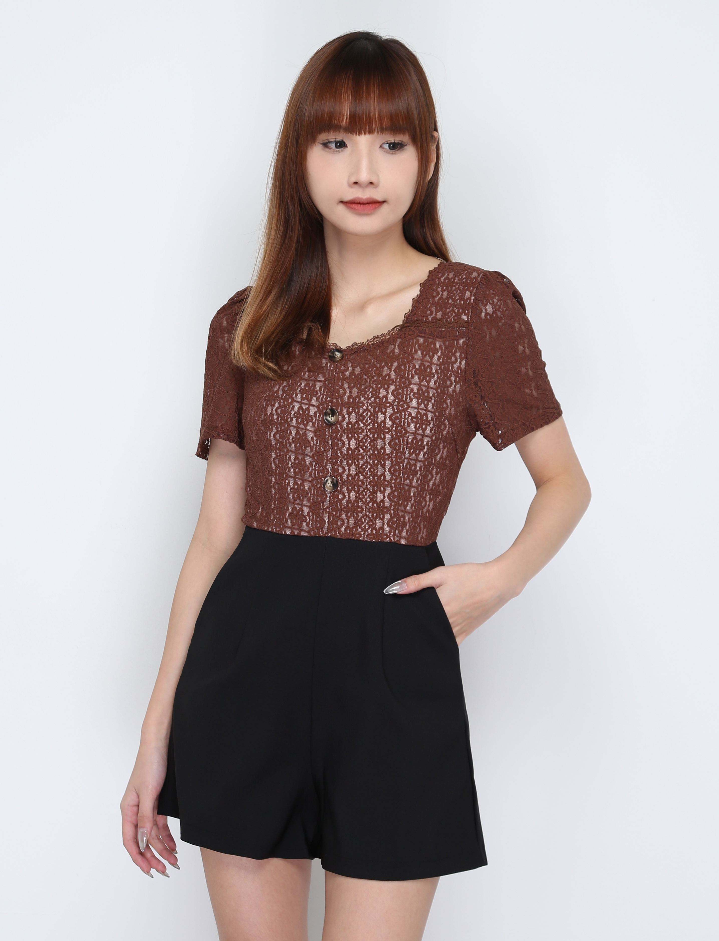 Square Neck Lace With Front Decorative Jumpsuit 15668