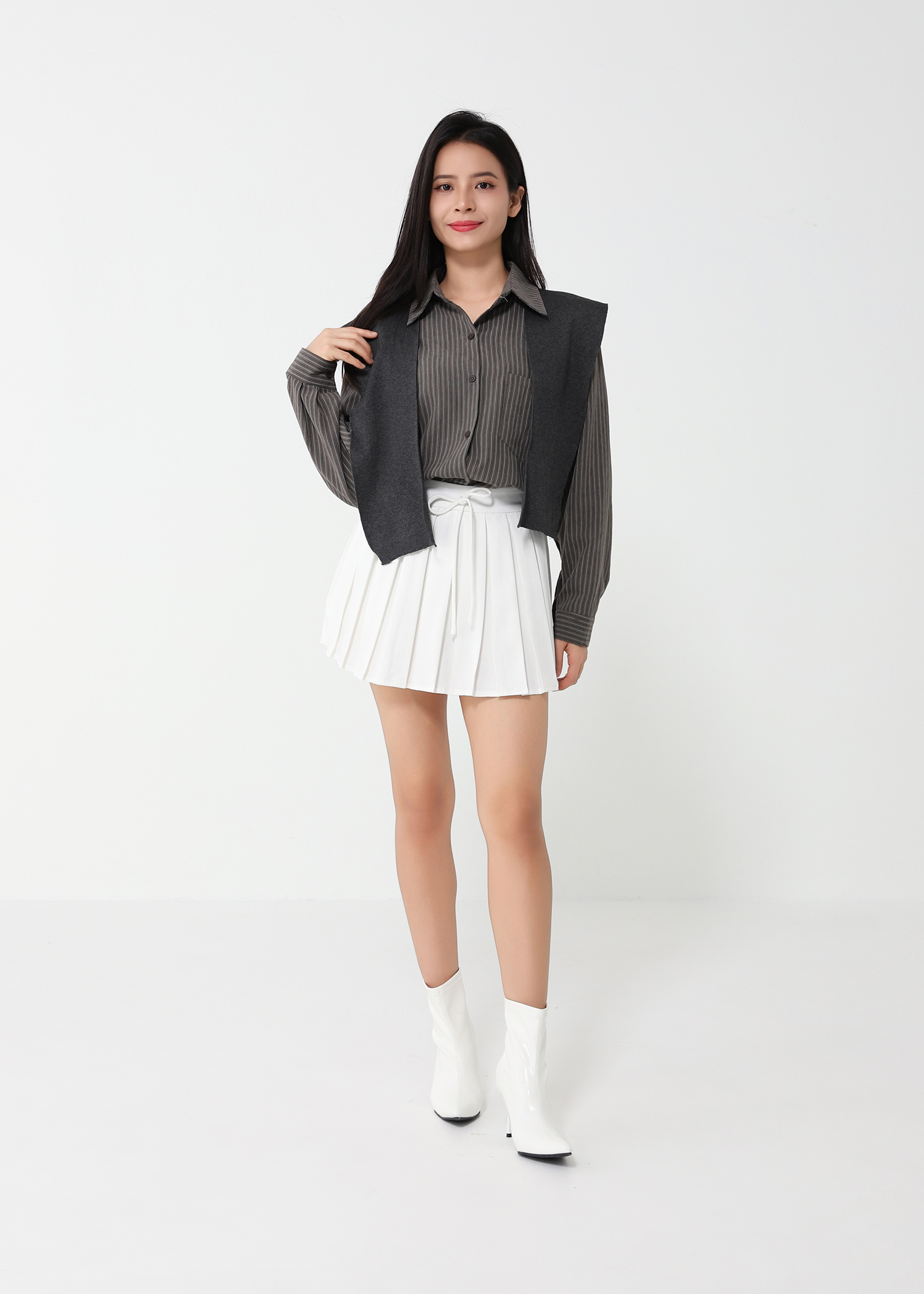 Stripe Blouse With Shawl Set 46725