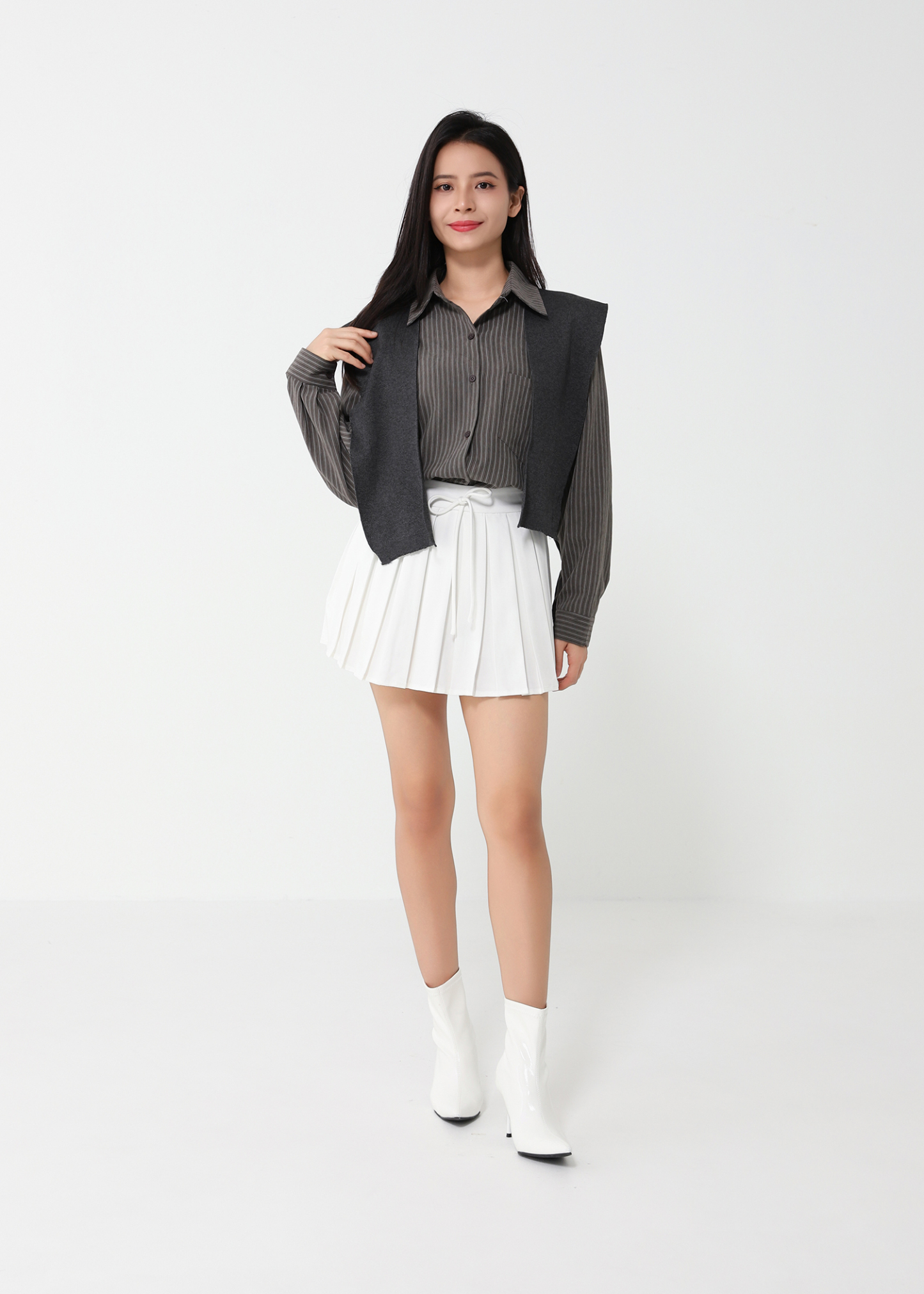 Stripe Blouse With Shawl Set 46725