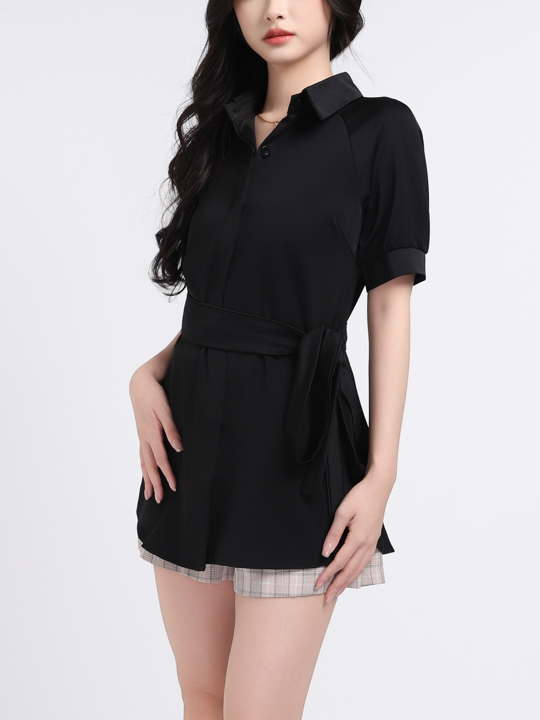 Collar With Front Button Jumpsuit With Belt 16887