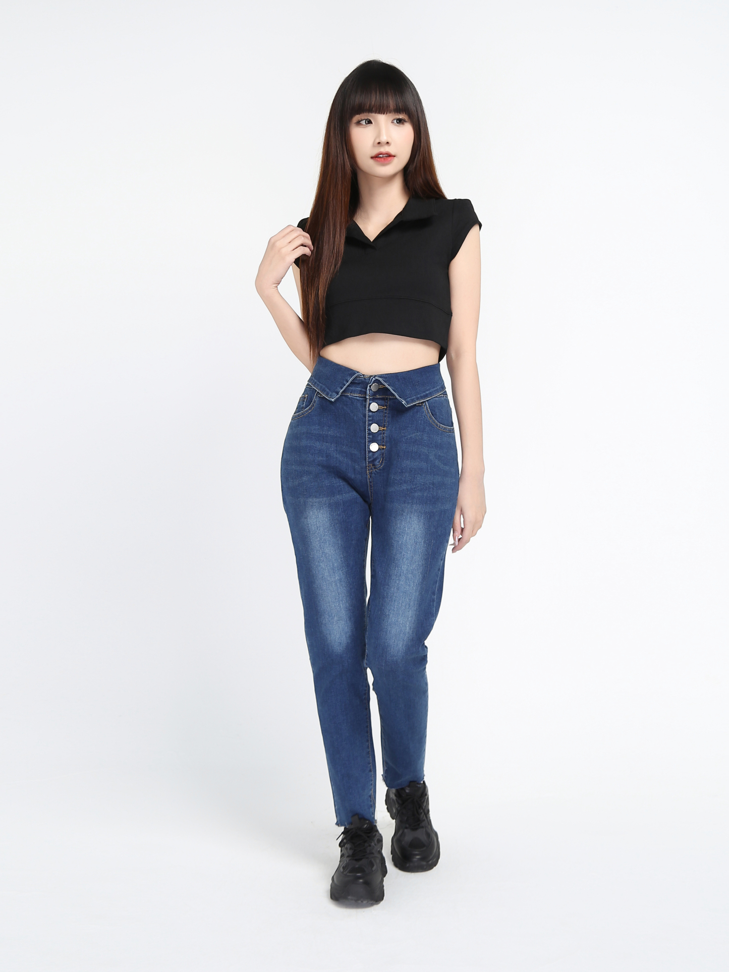 Denim Collar With Front Button Long Pants 17492