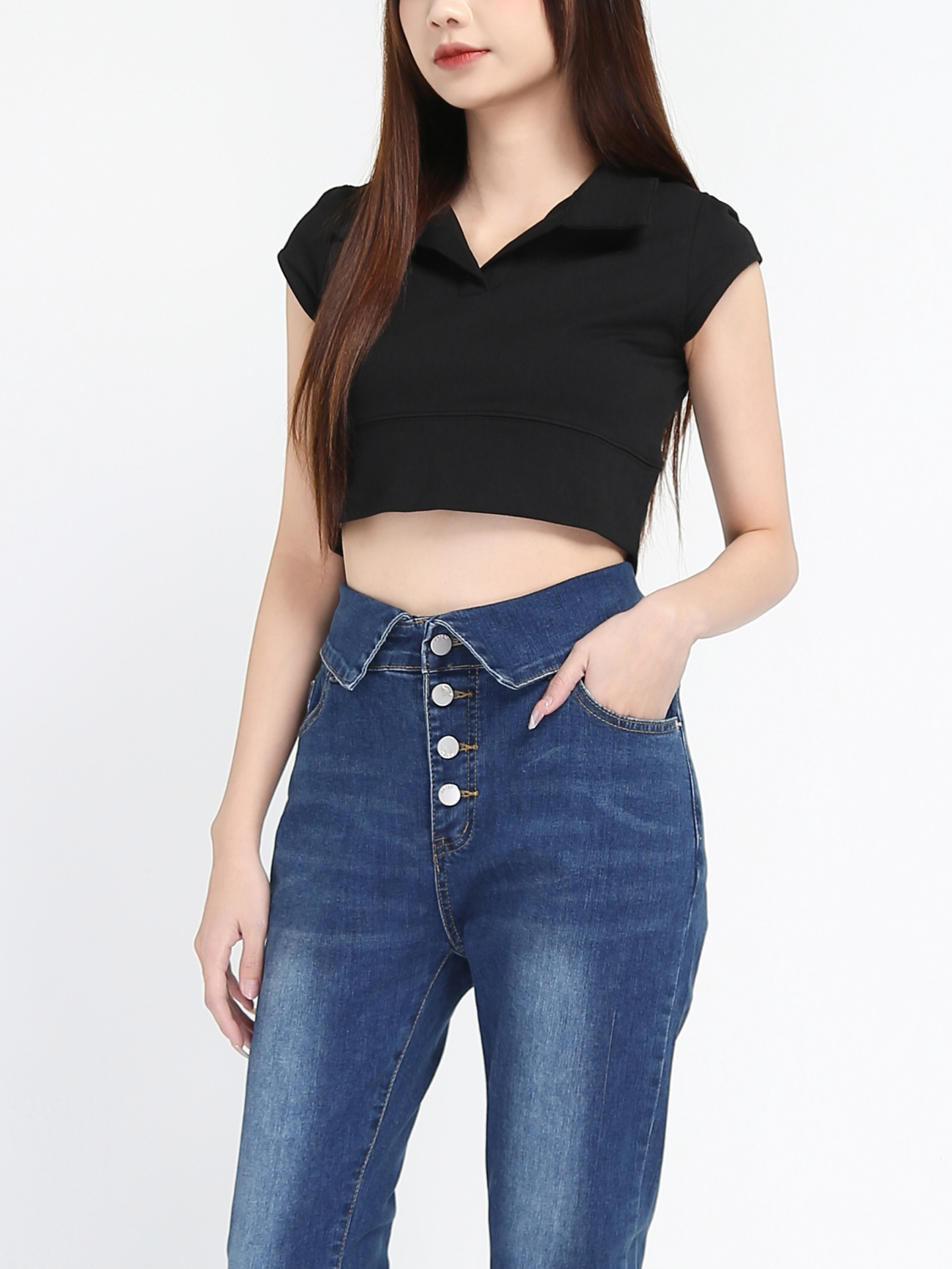 Denim Collar With Front Button Long Pants 17492