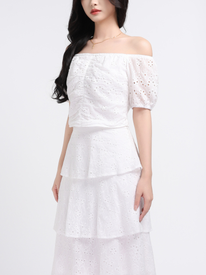 Eyelet Crop Top With Layered Skirt Set 17500