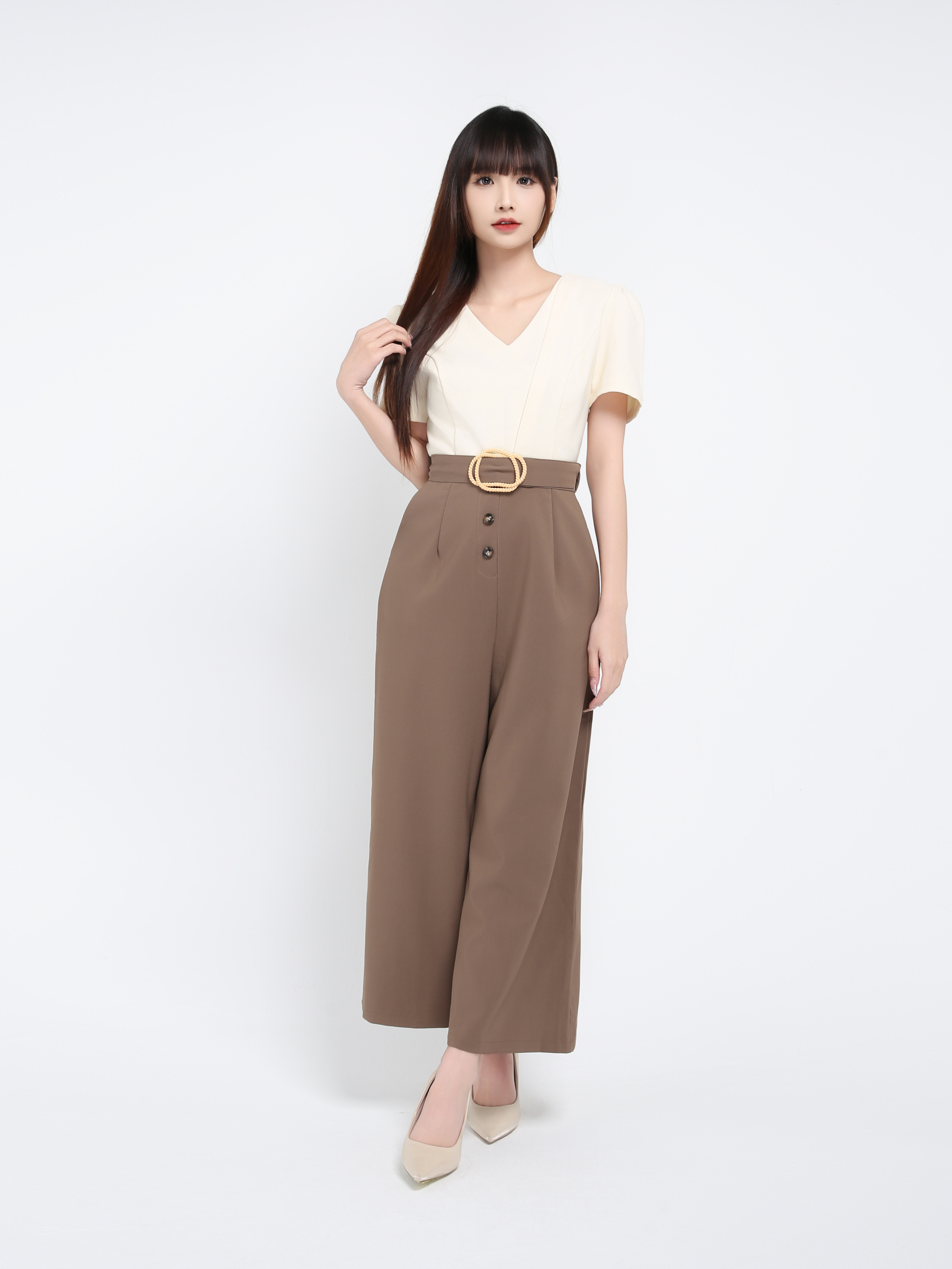 Two Tone V Neck Jumpsuit With Belt 17512