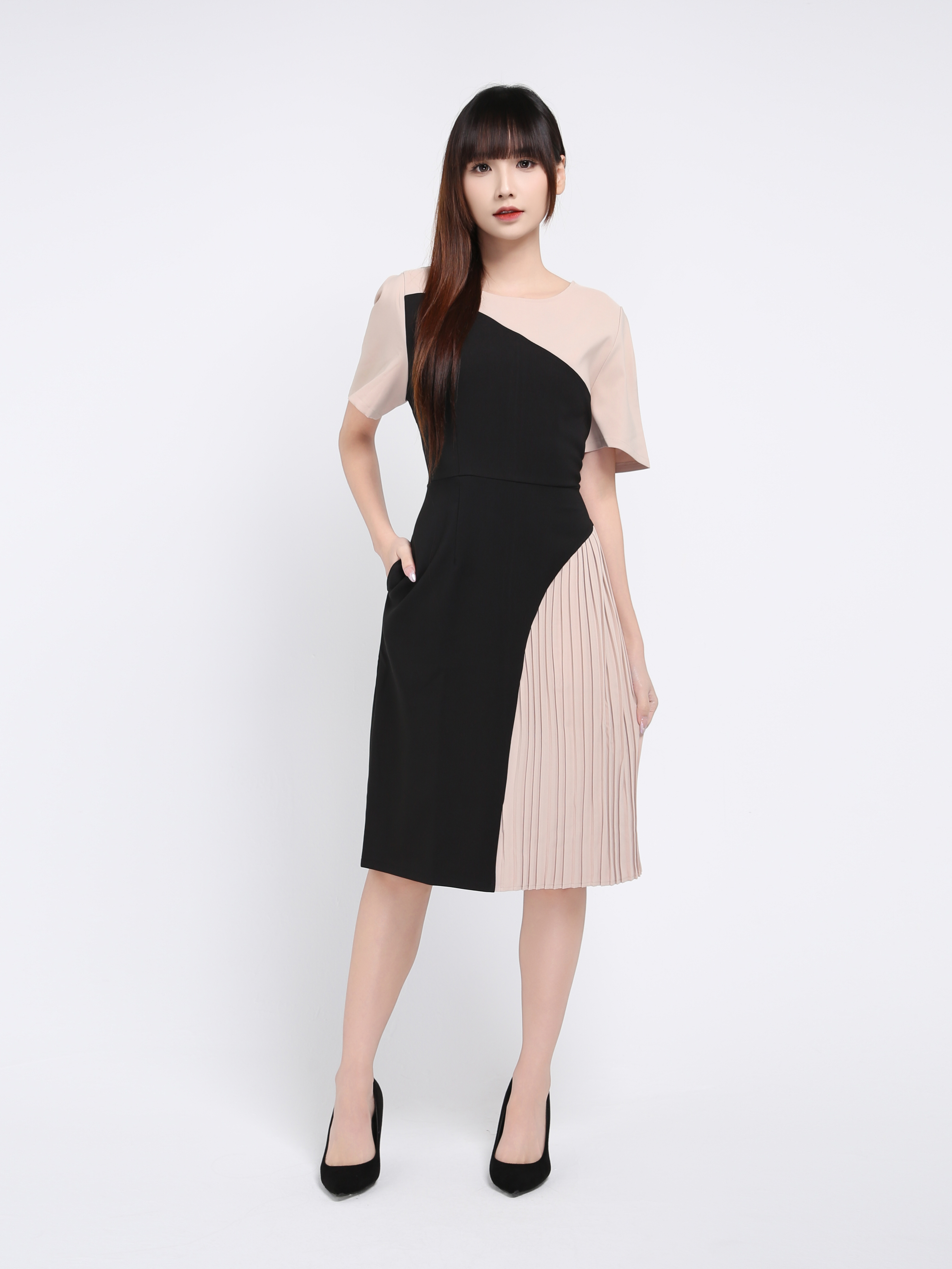 Two Tone With Side Pleated Dress 17514