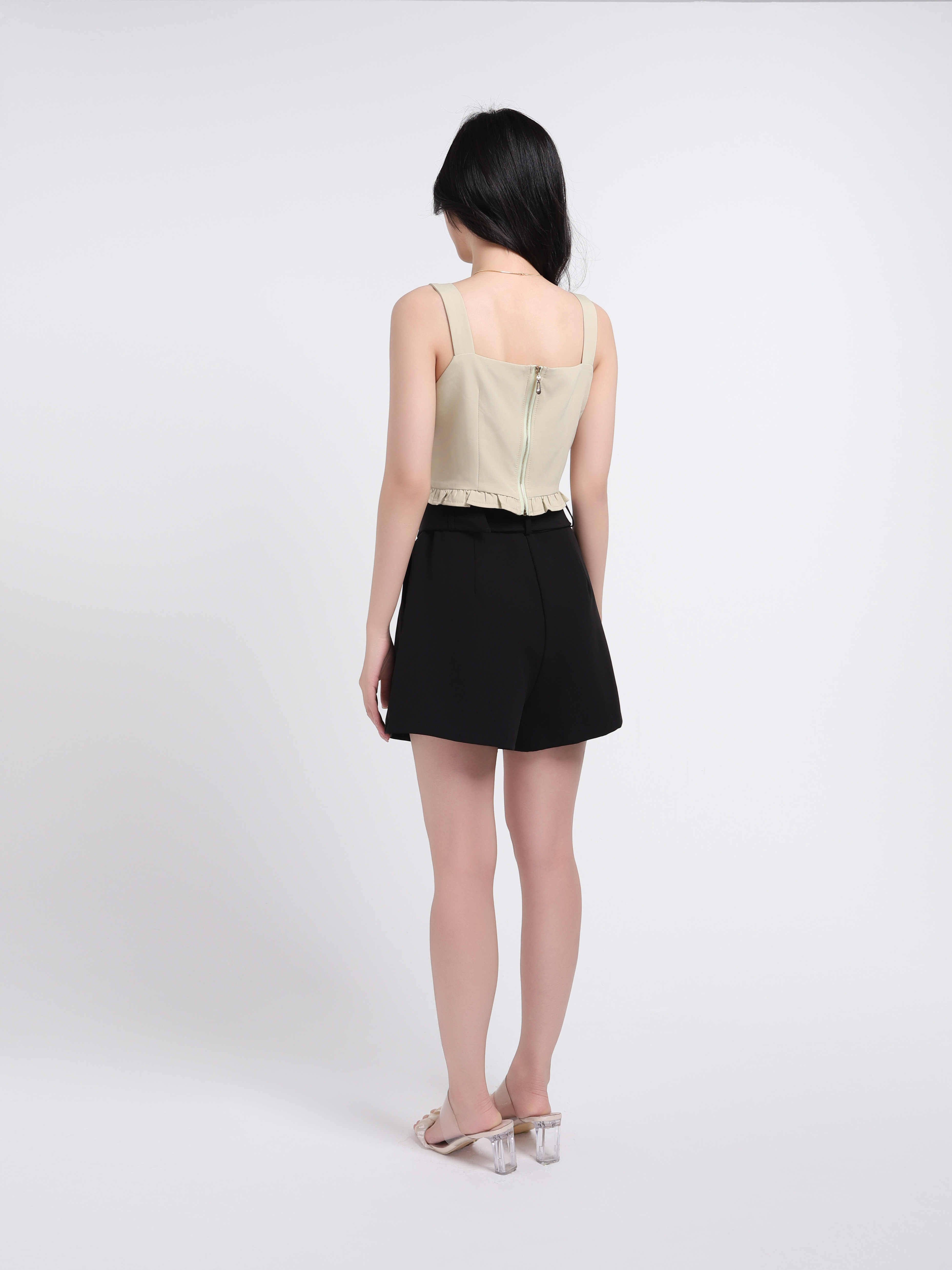 Two Tone Strap Top With Belt Short Pants Set 17543