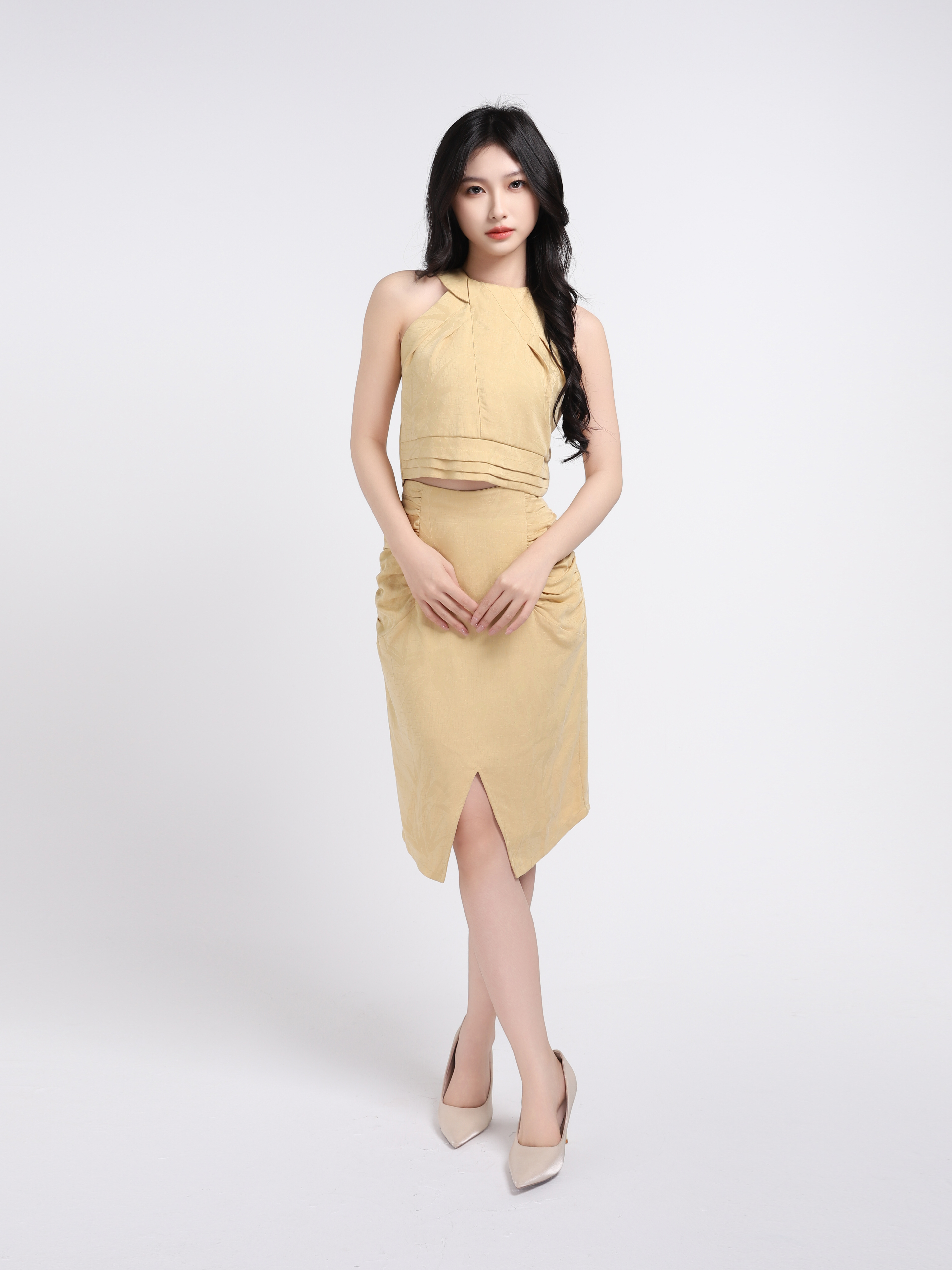 Plain Sleeveless With Pleated Top Side Pocket Skirt Set 17809