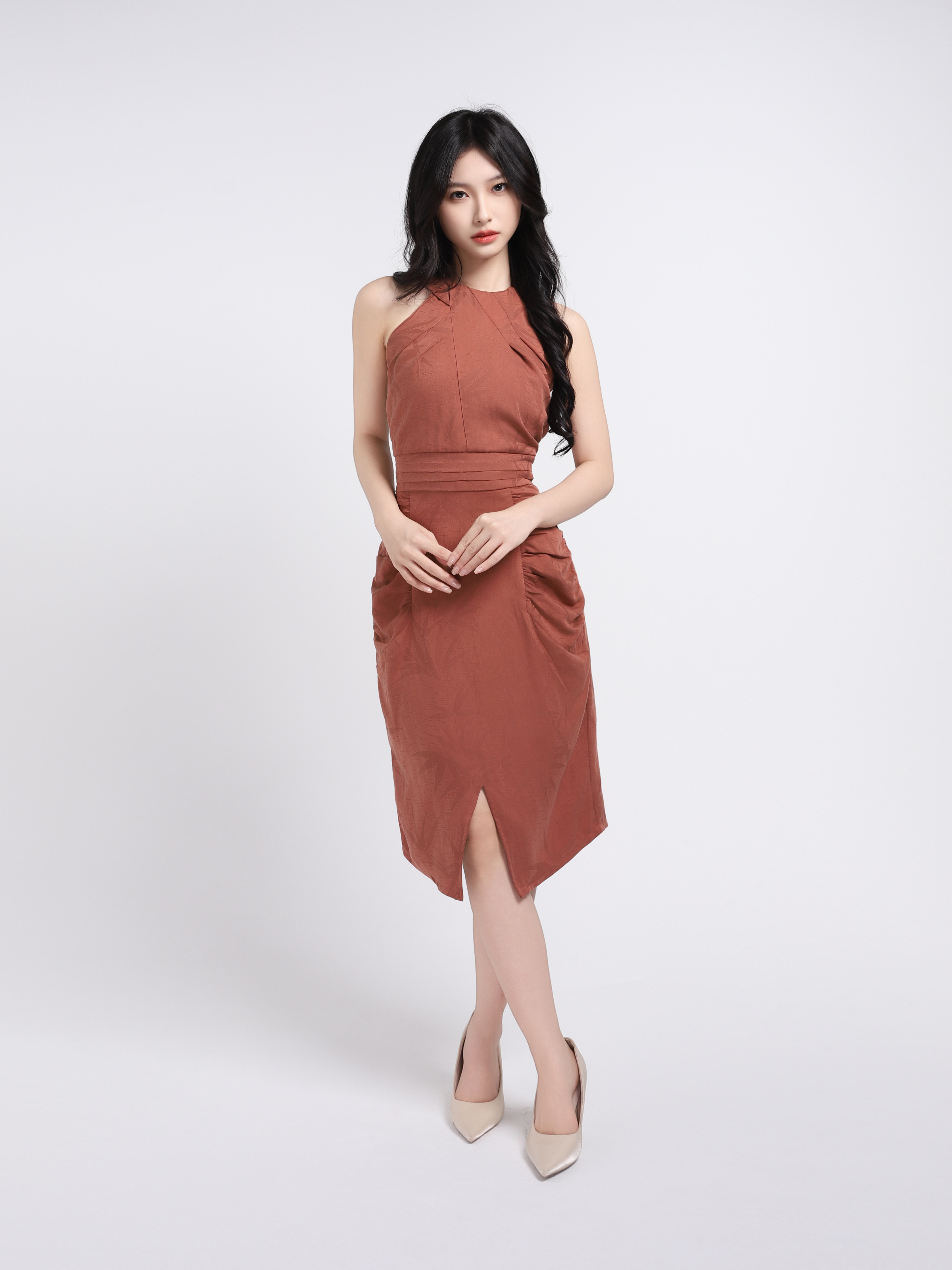 Plain Sleeveless With Pleated Top Side Pocket Skirt Set 17809