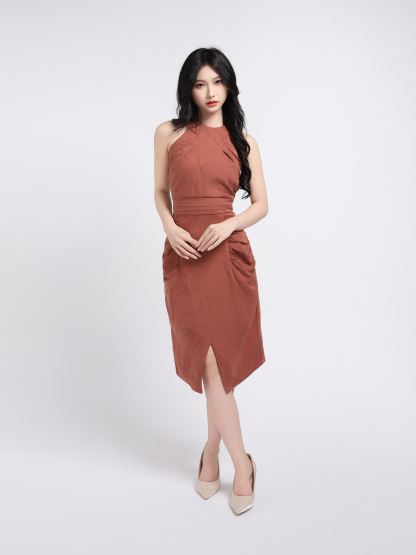 Plain Sleeveless With Pleated Top Side Pocket Skirt Set 17809