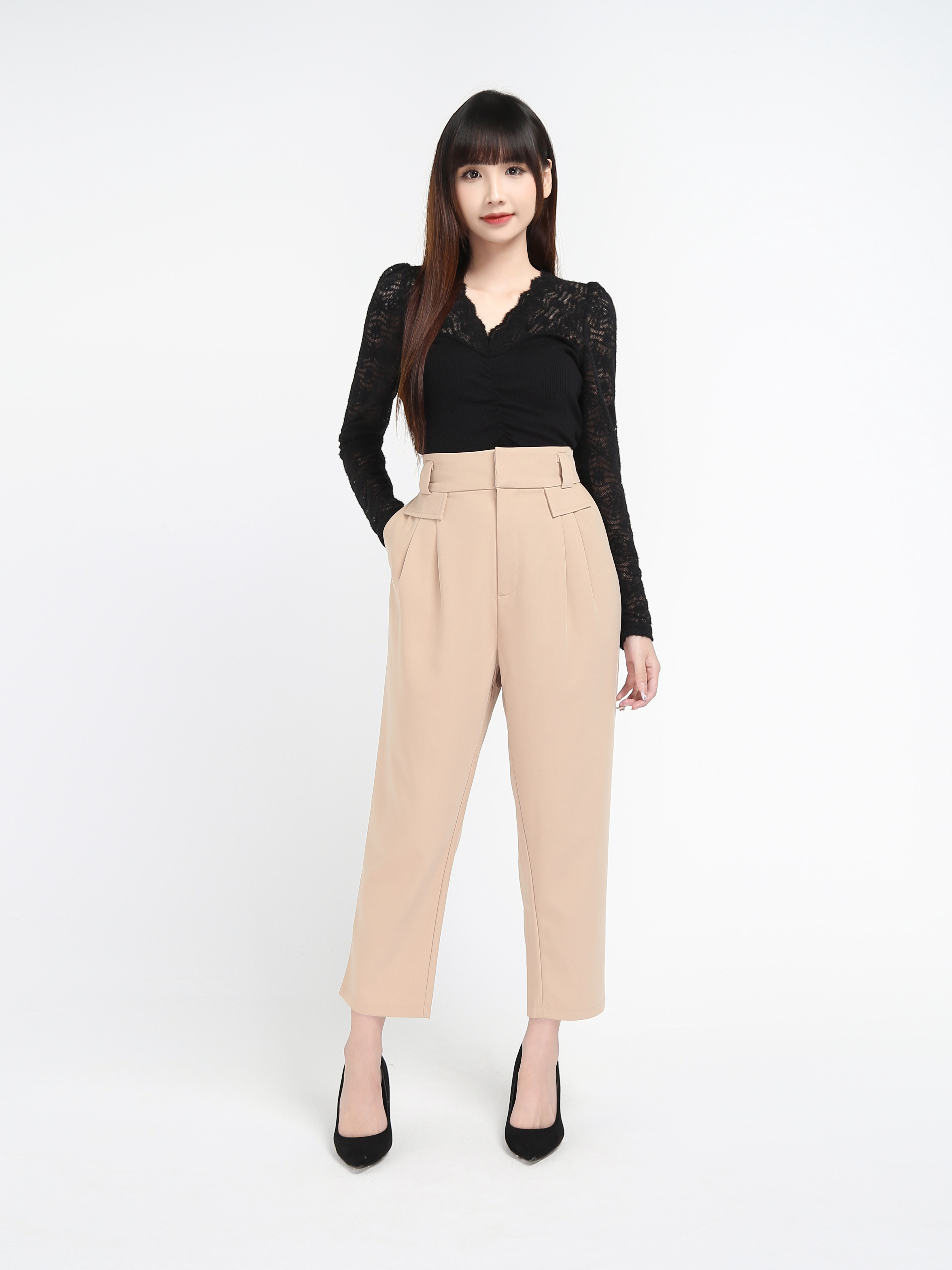 V Neck Long Sleeve Front Pleated Lace Top 17852