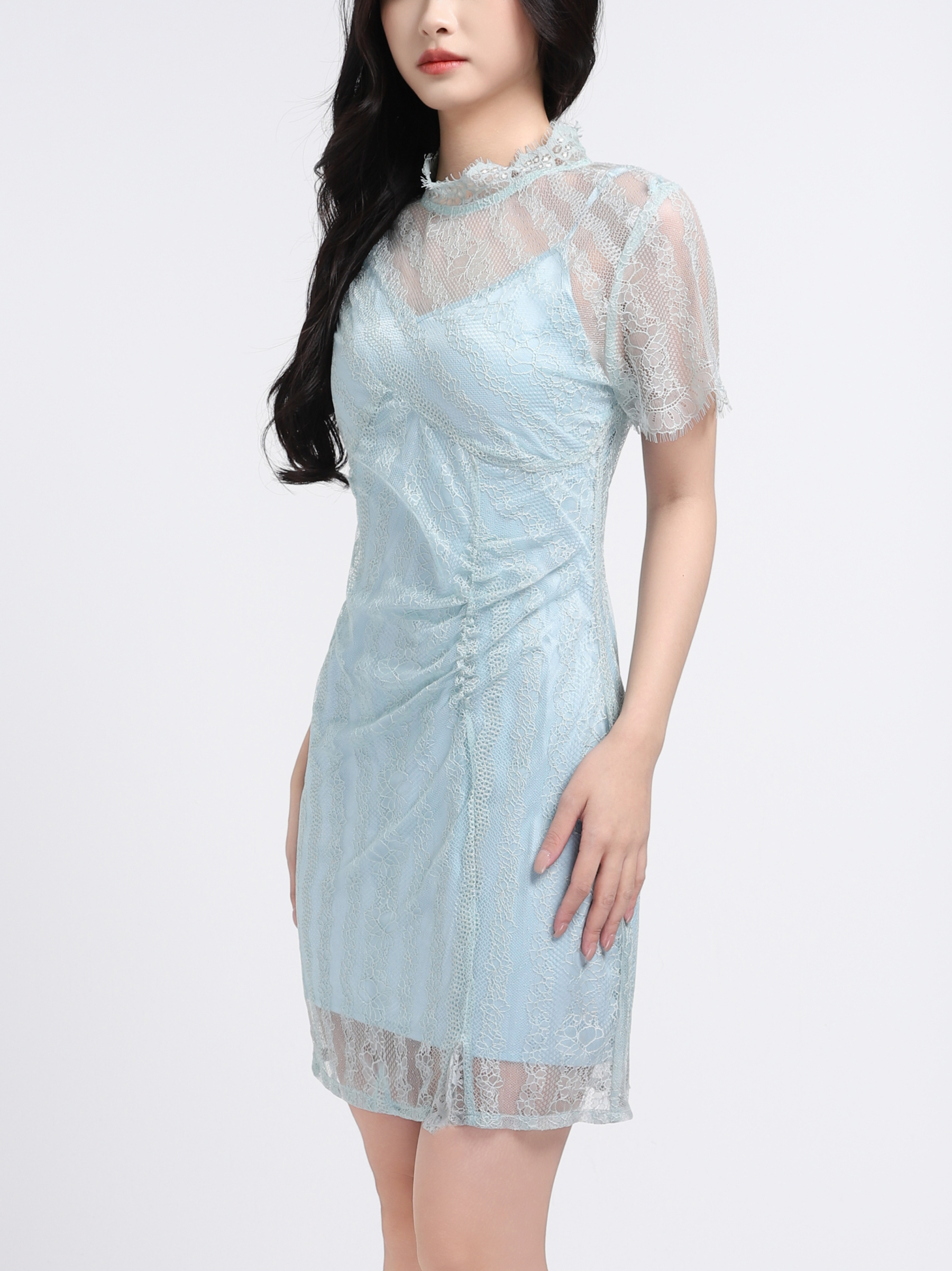 Collared Short Sleeve Lace Dress 17958