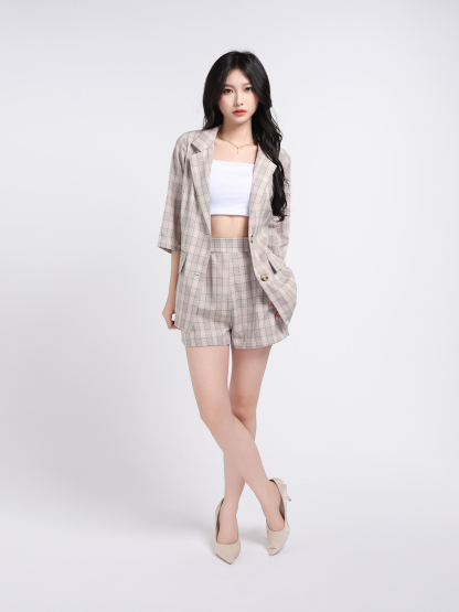 Checker Collared Long Sleeve Front Button And Short Pants Set 17978