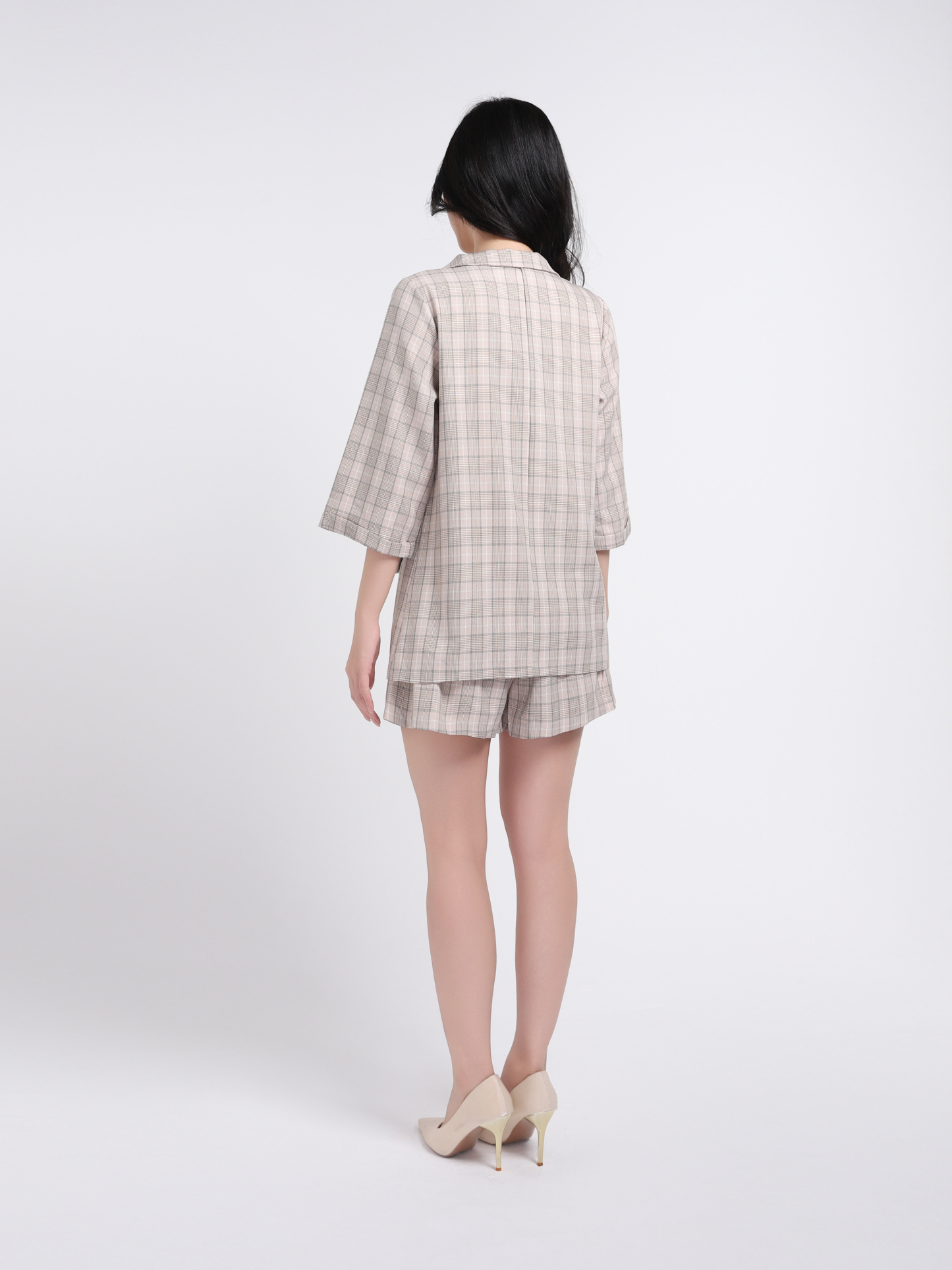 Checker Collared Long Sleeve Front Button And Short Pants Set 17978